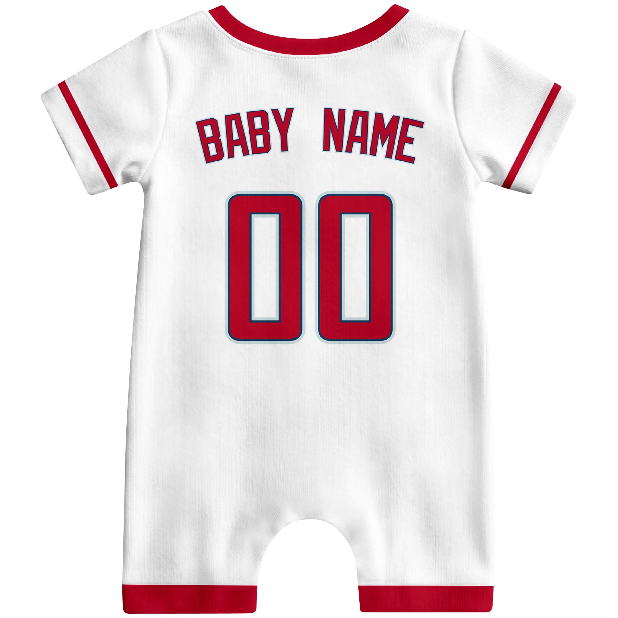 Back view of white custom baby romper with personalized name and number