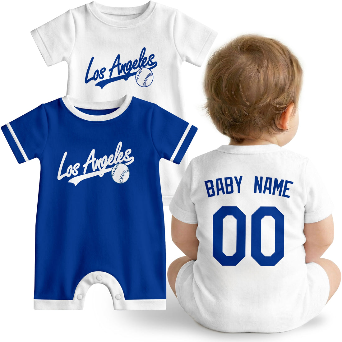 Los Angeles D Baby wearing custom baseball-style romper in royal blue and white with personalized name and number, shown beside two additional sporty color variations