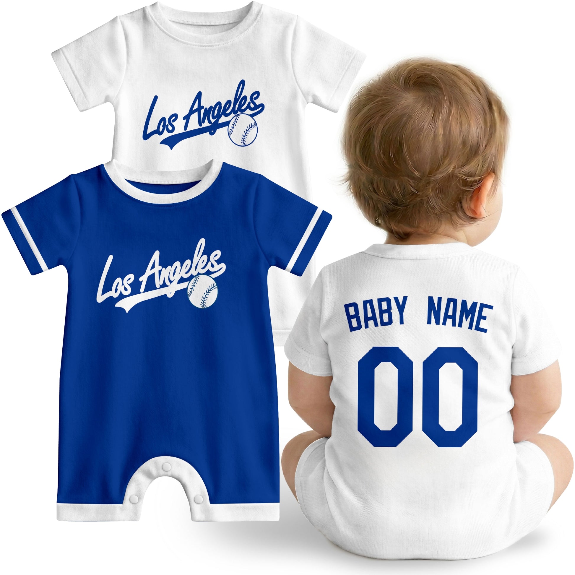 Los Angeles D Baby wearing custom baseball-style romper in royal blue and white with personalized name and number, shown beside two additional sporty color variations