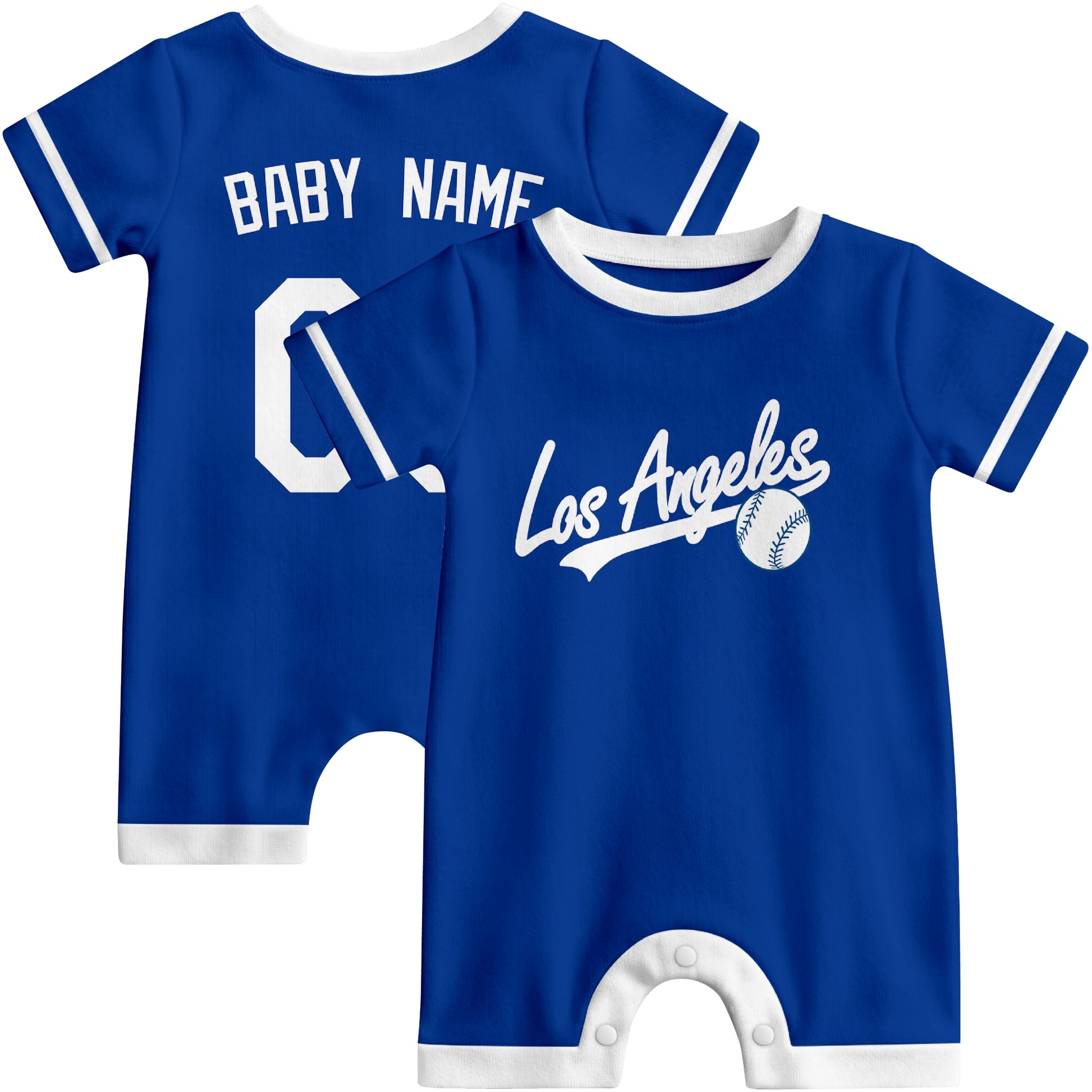 Front and back view of royal blue and white custom baseball-style baby romper
