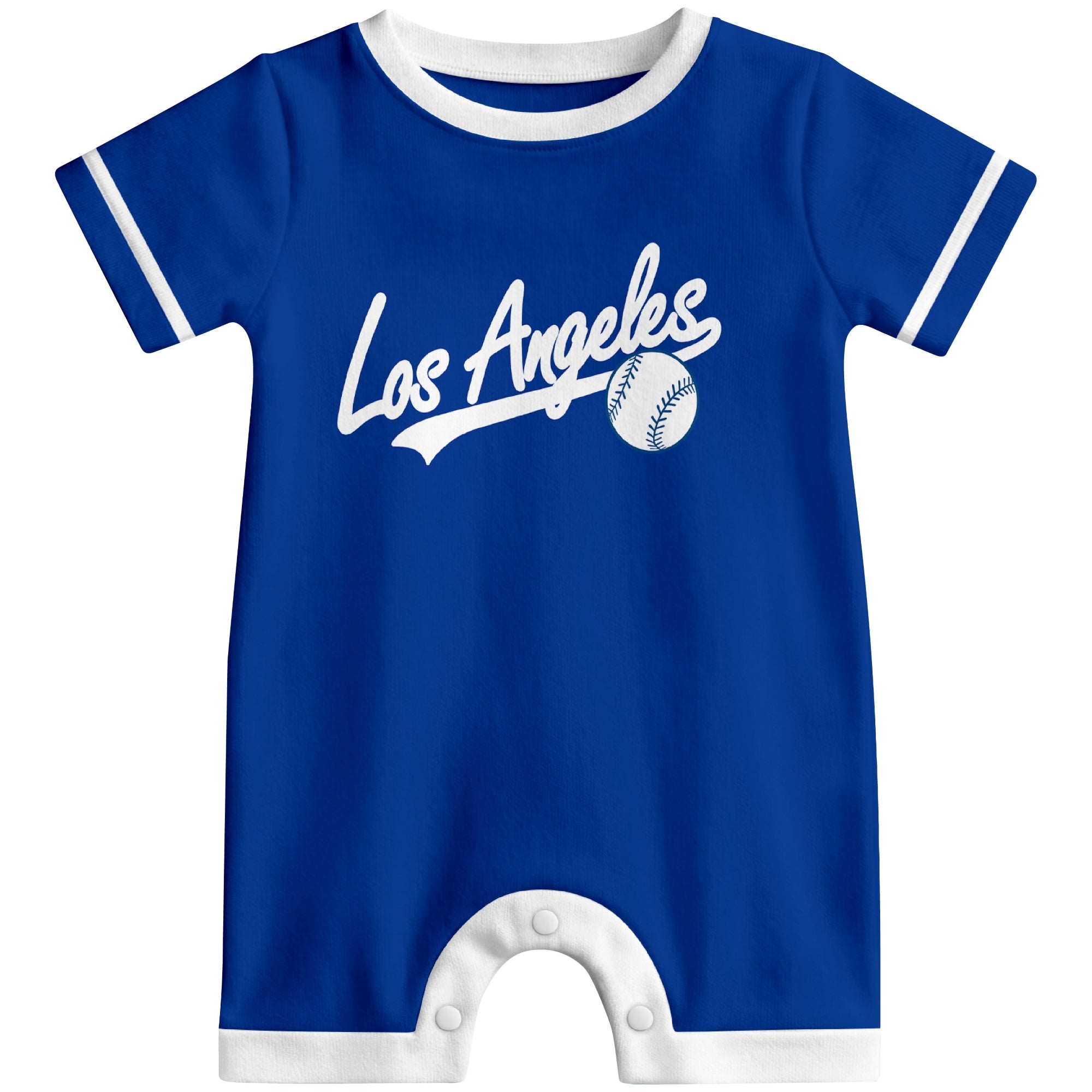 Front view of royal blue custom baseball-style baby romper with team-inspired text design