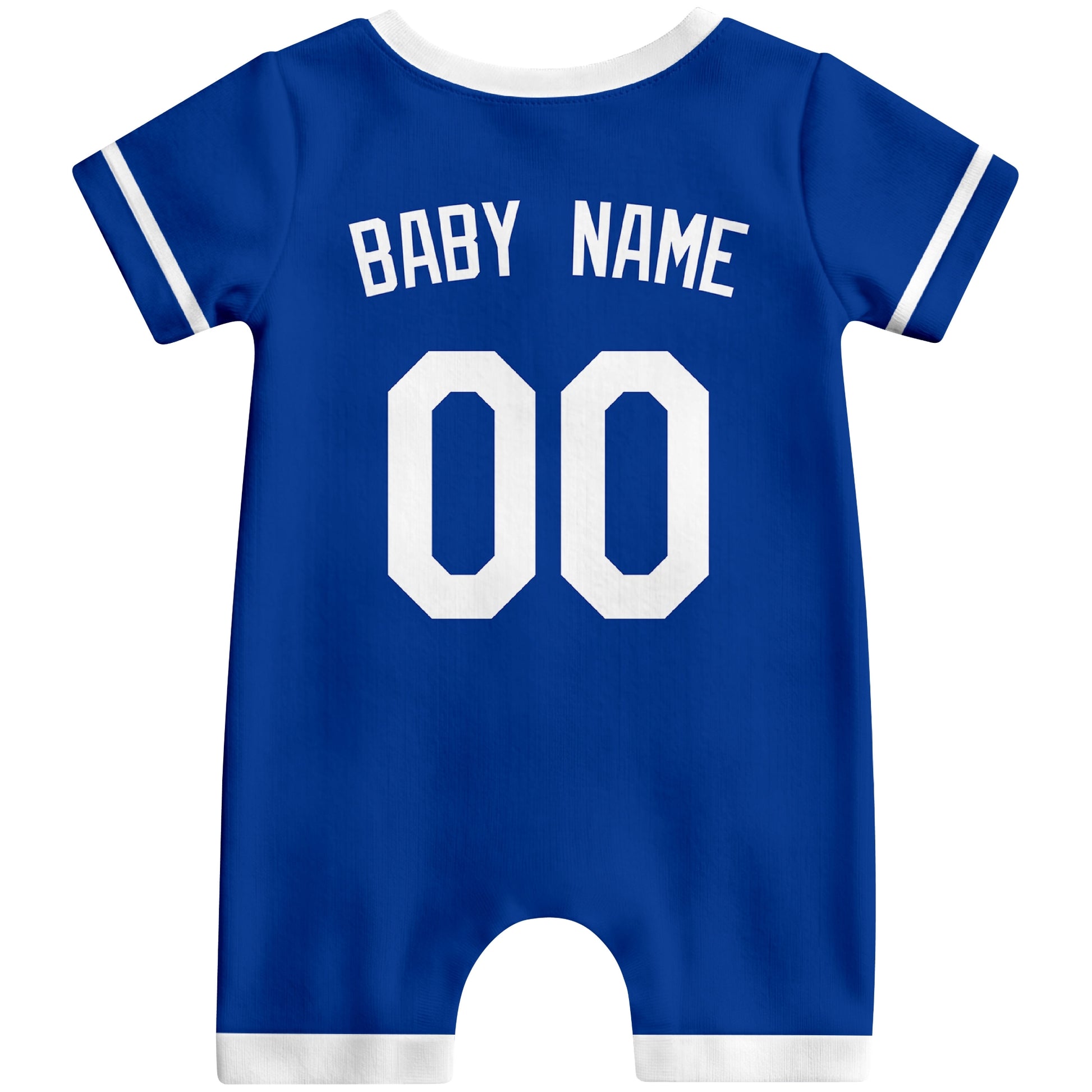 Back view of royal blue custom baby romper with personalized name and number