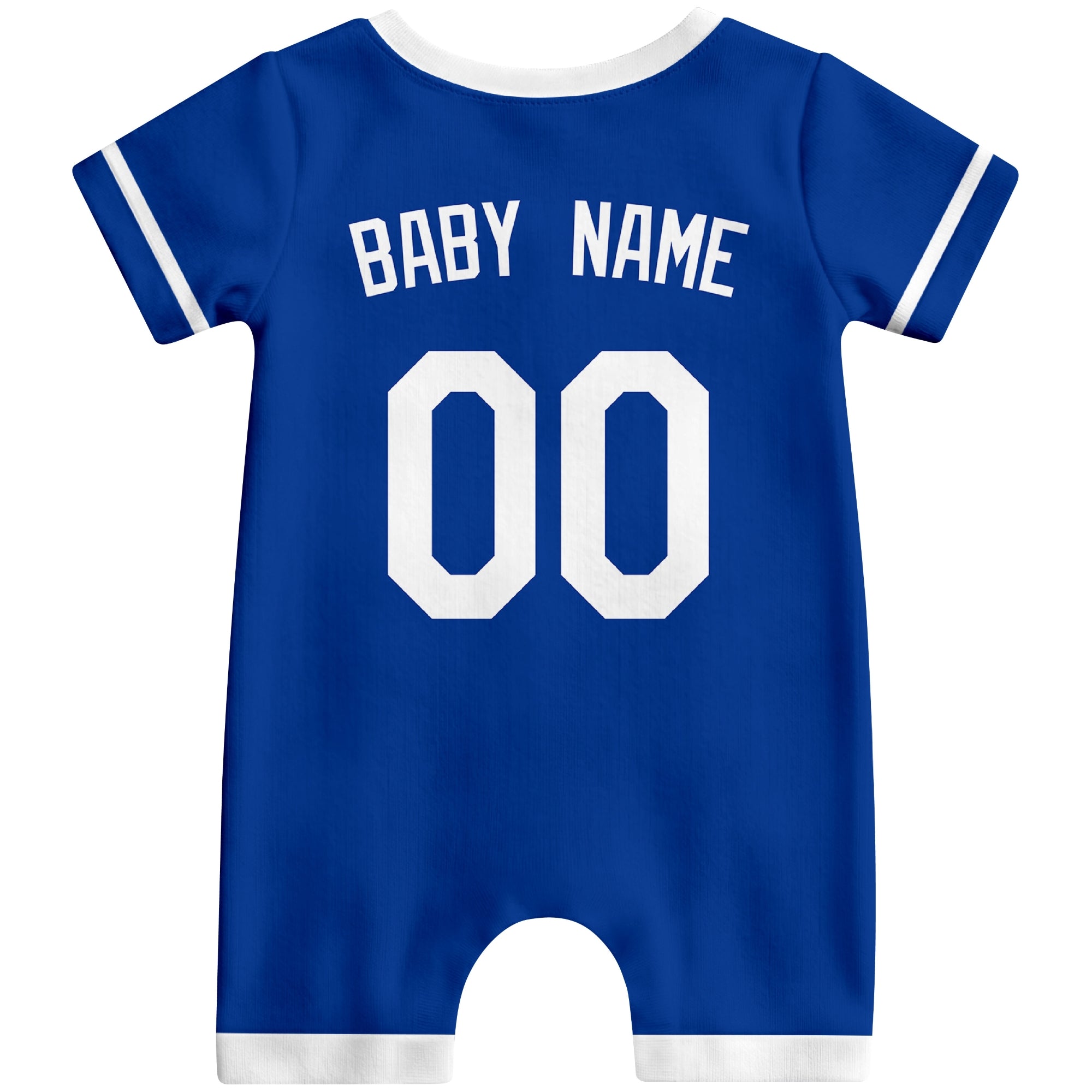 Back view of royal blue custom baby romper with personalized name and number