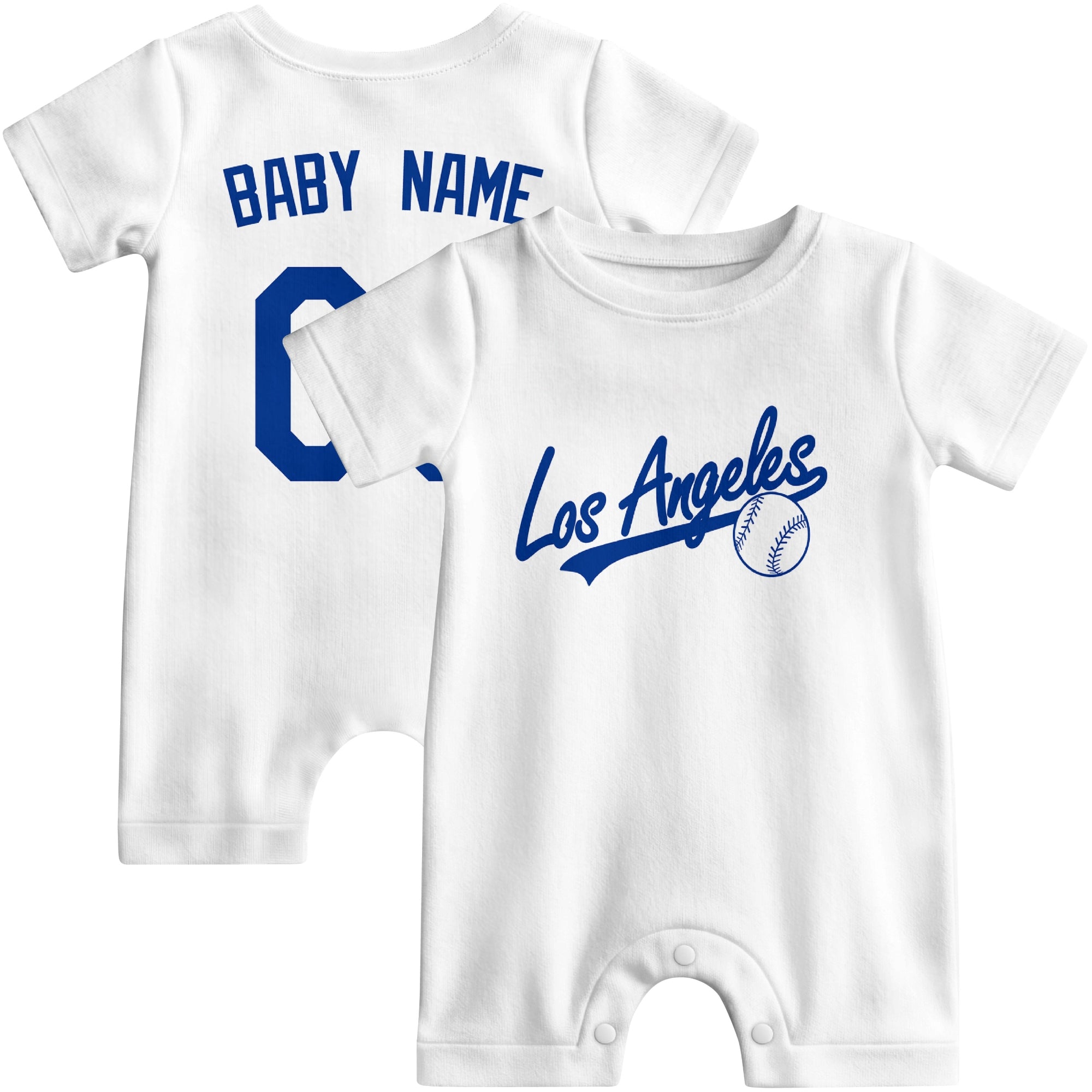 Front and back view of white custom baseball-style baby romper