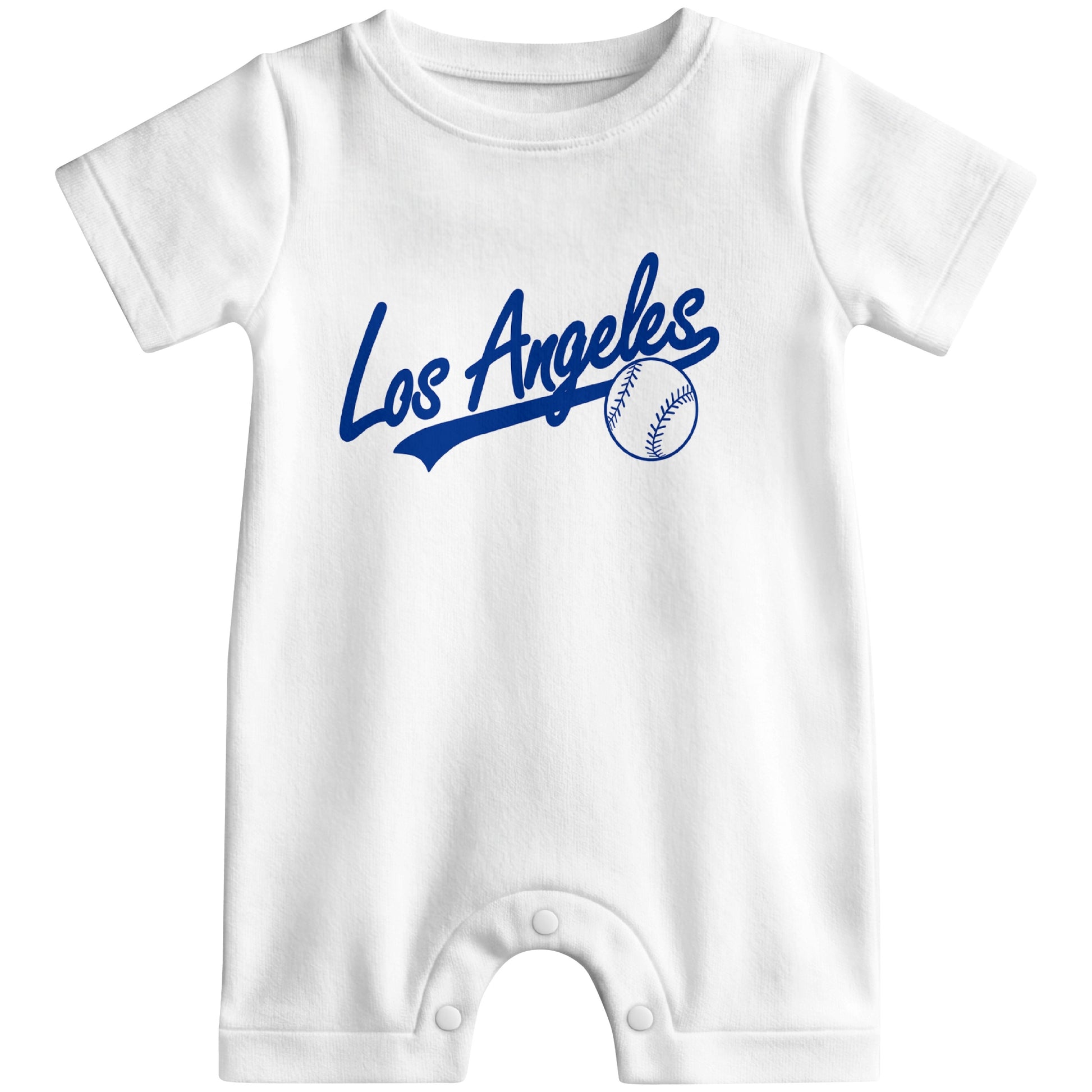 Front view of white custom baseball-style baby romper with team-inspired text design