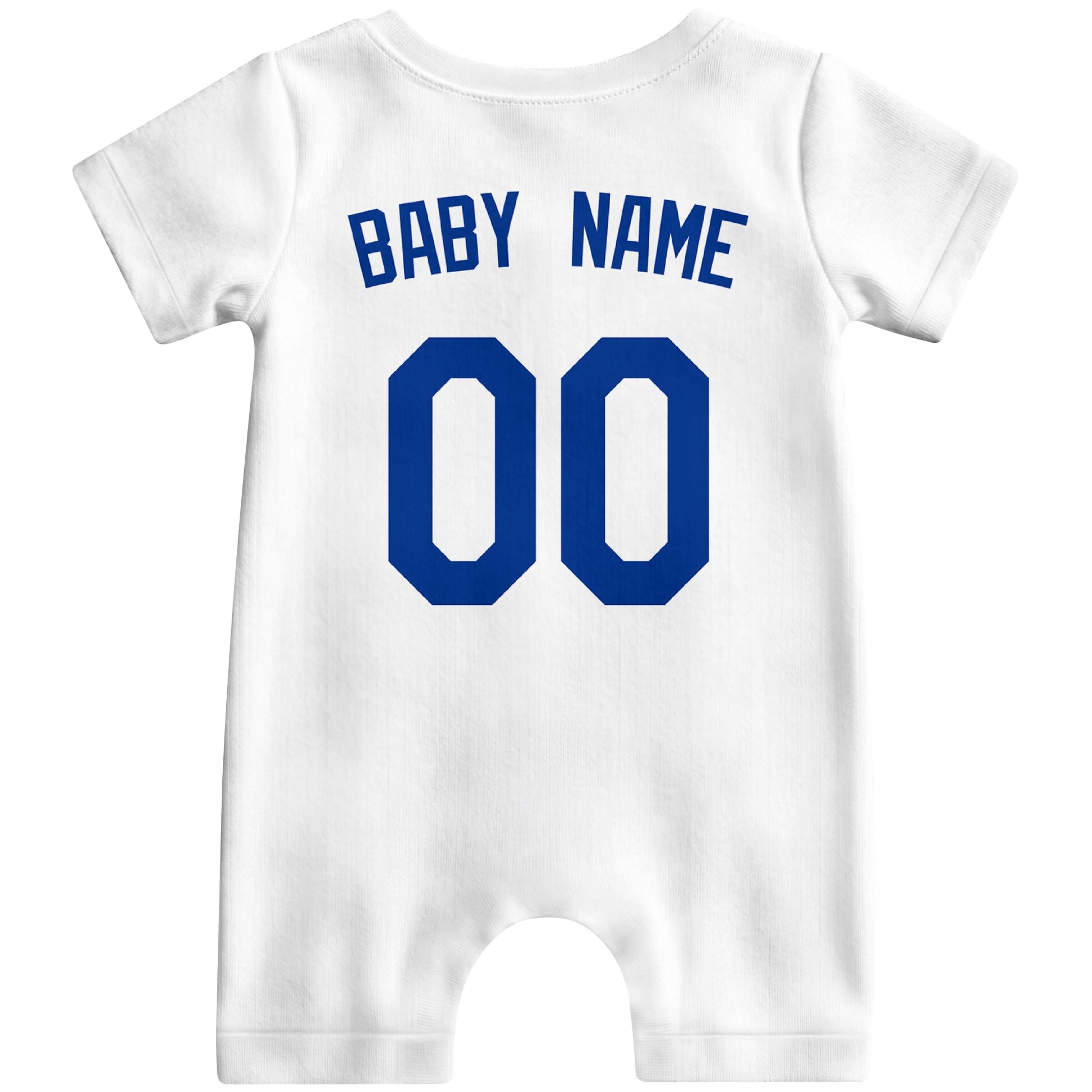 Back view of white custom baby romper with personalized name and number