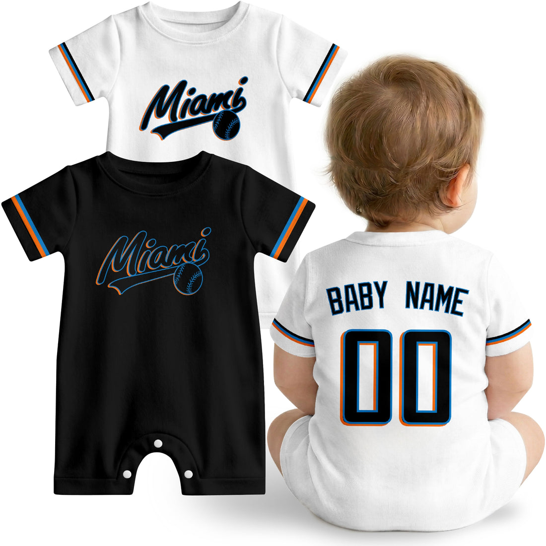 Miami Baby wearing custom baseball-style romper in black and teal with personalized name and number, shown beside two additional sporty color variations