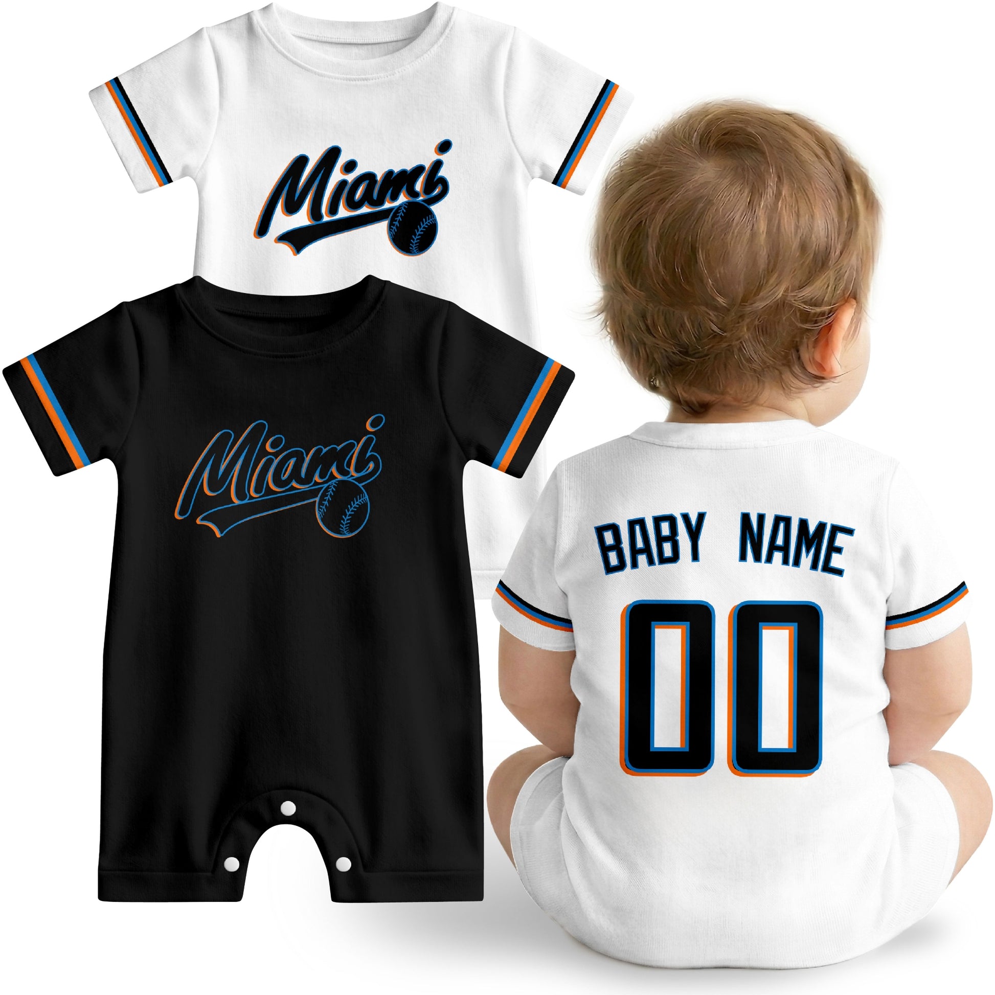 Miami Baby wearing custom baseball-style romper in black and teal with personalized name and number, shown beside two additional sporty color variations