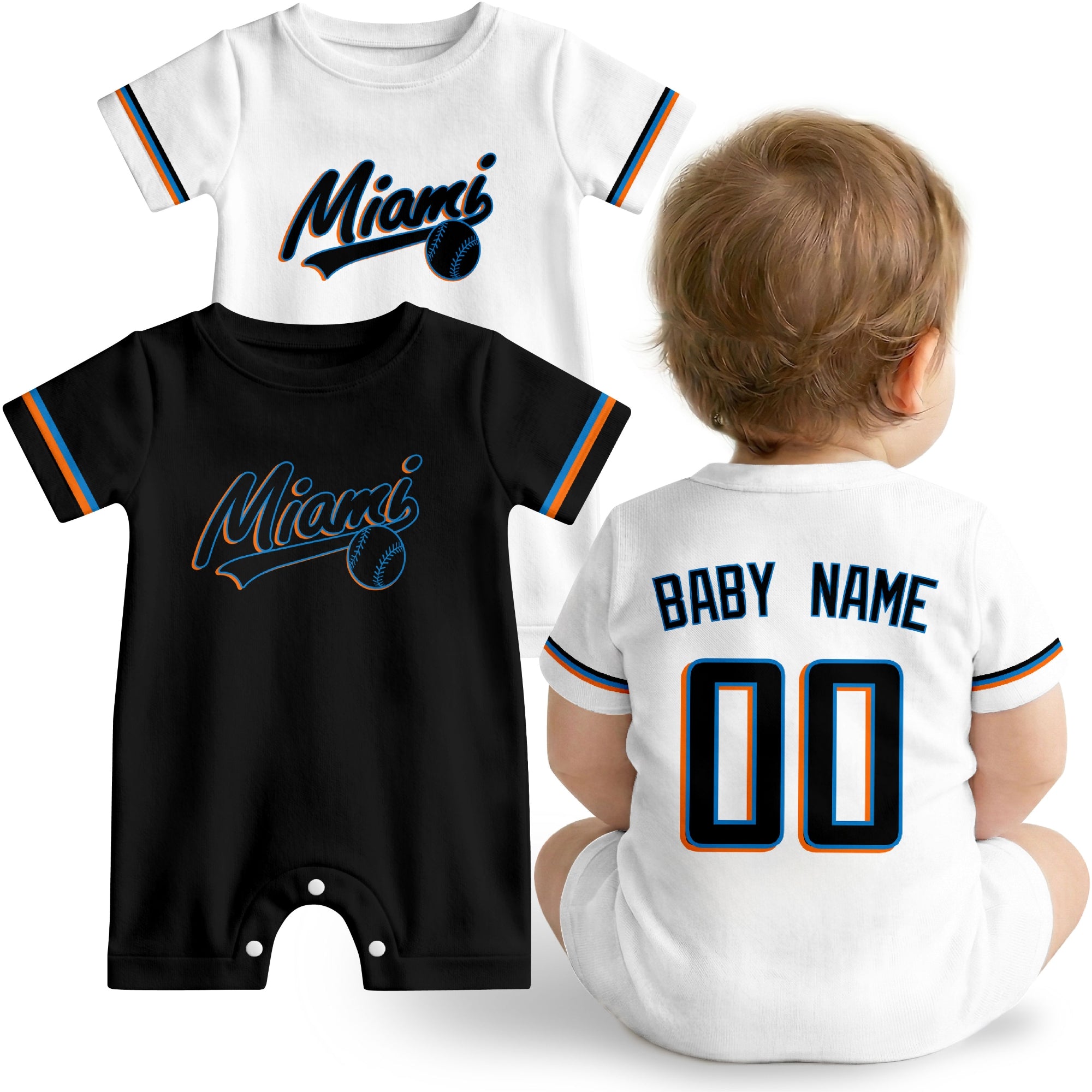 Miami Baby wearing custom baseball-style romper in black and teal with personalized name and number, shown beside two additional sporty color variations