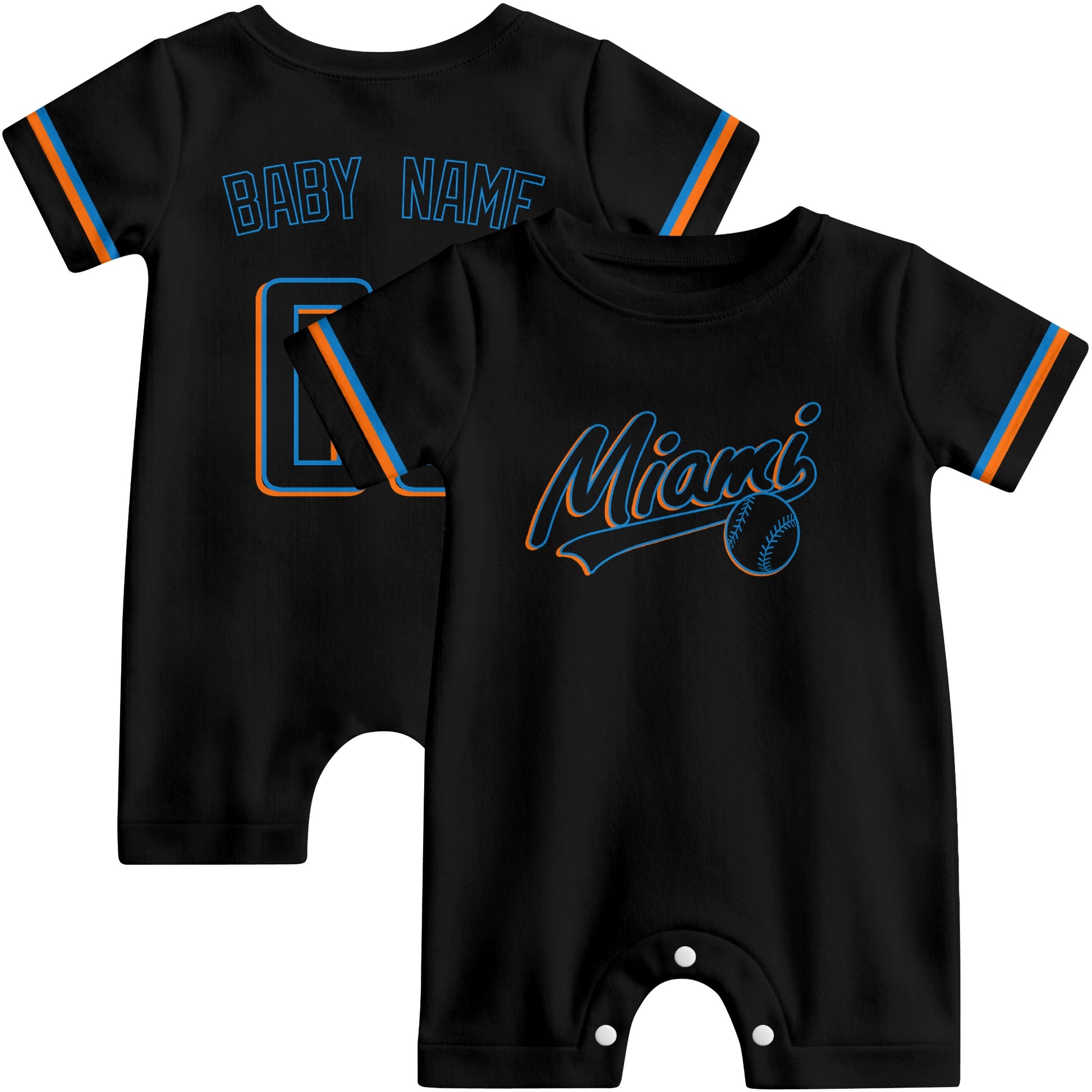 Front and back view of black and teal custom baseball-style baby romper