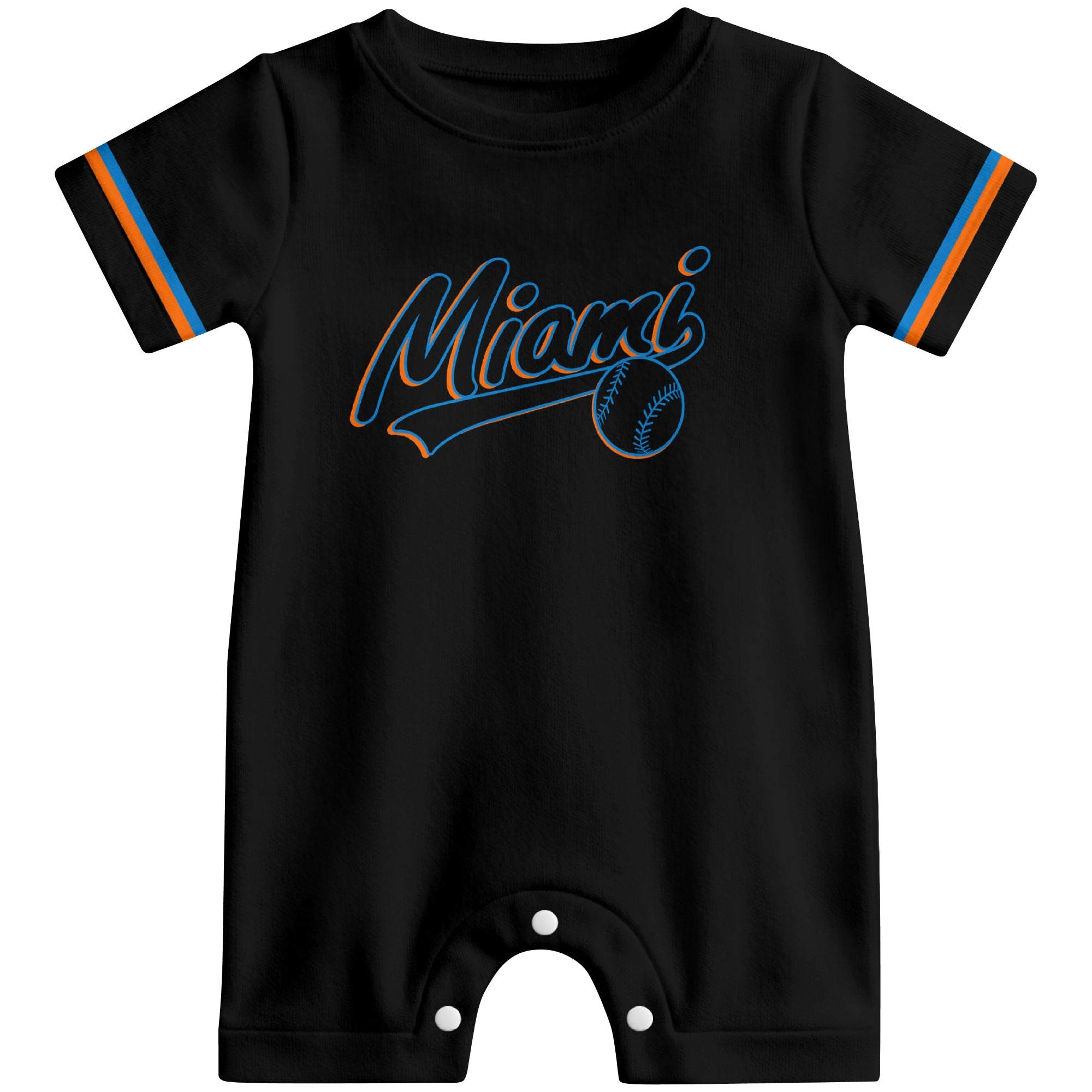 Front view of black custom baseball-style baby romper with team-inspired text design