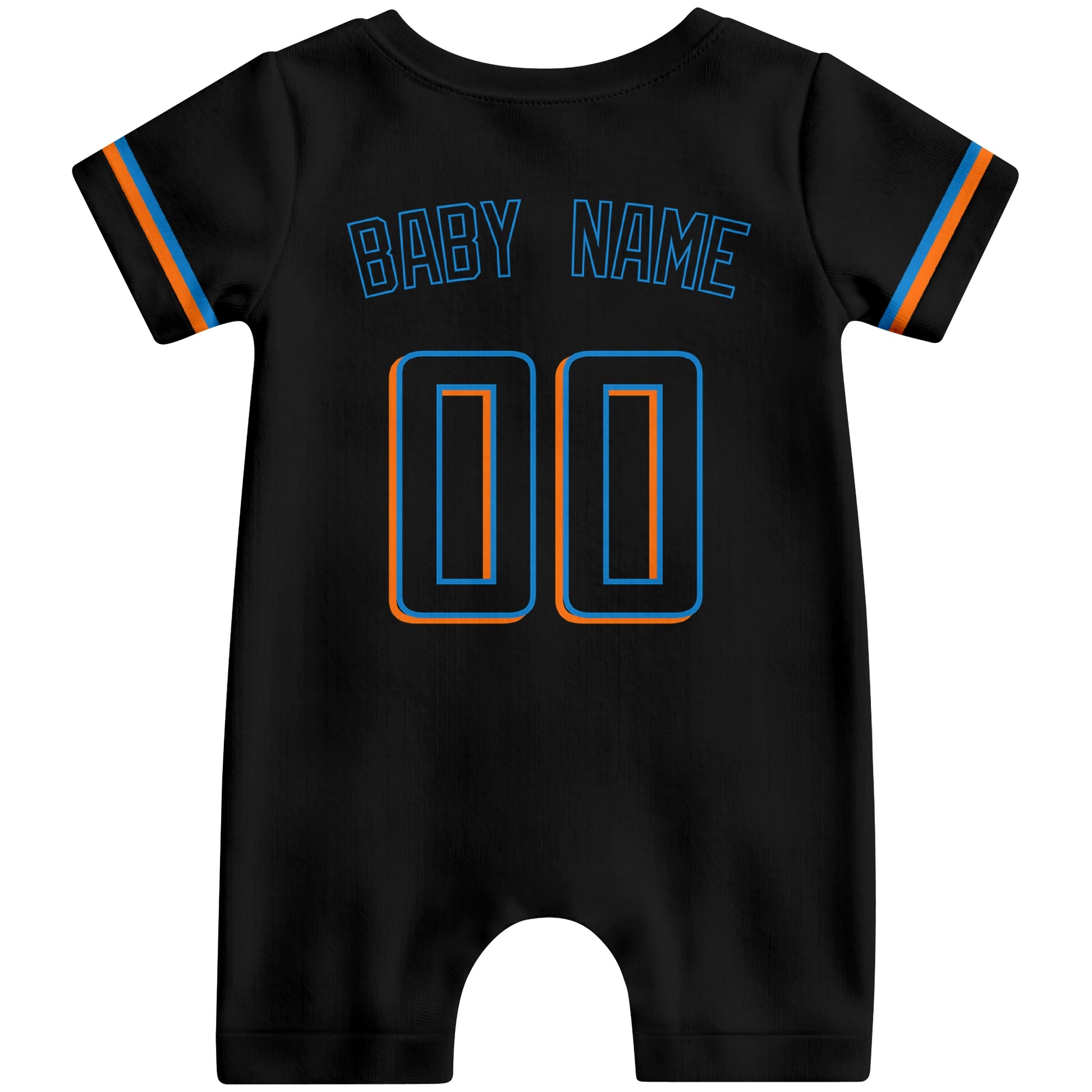 Back view of black custom baby romper with personalized name and number