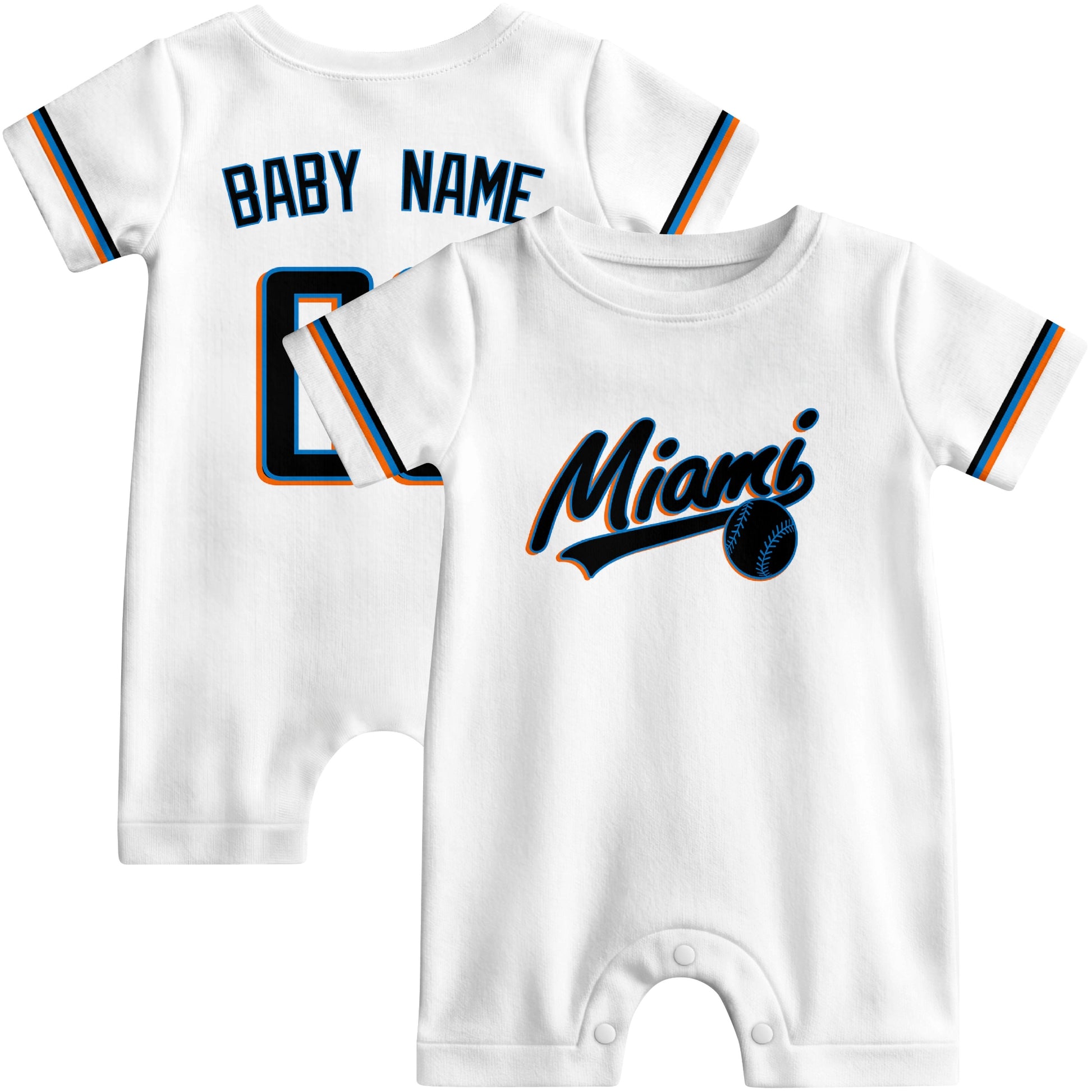 Front and back view of teal custom baseball-style baby romper