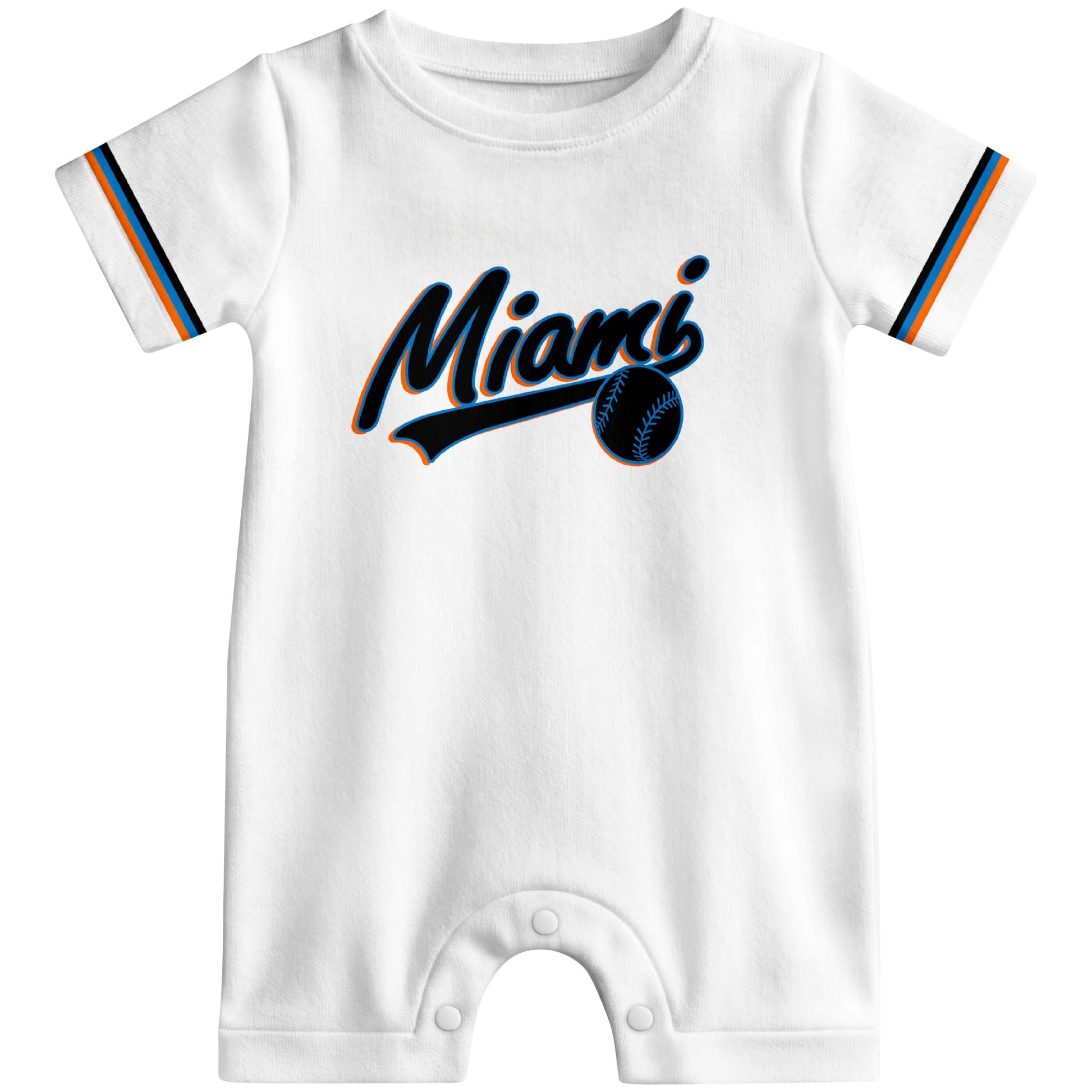 Front view of teal custom baseball-style baby romper with team-inspired text design