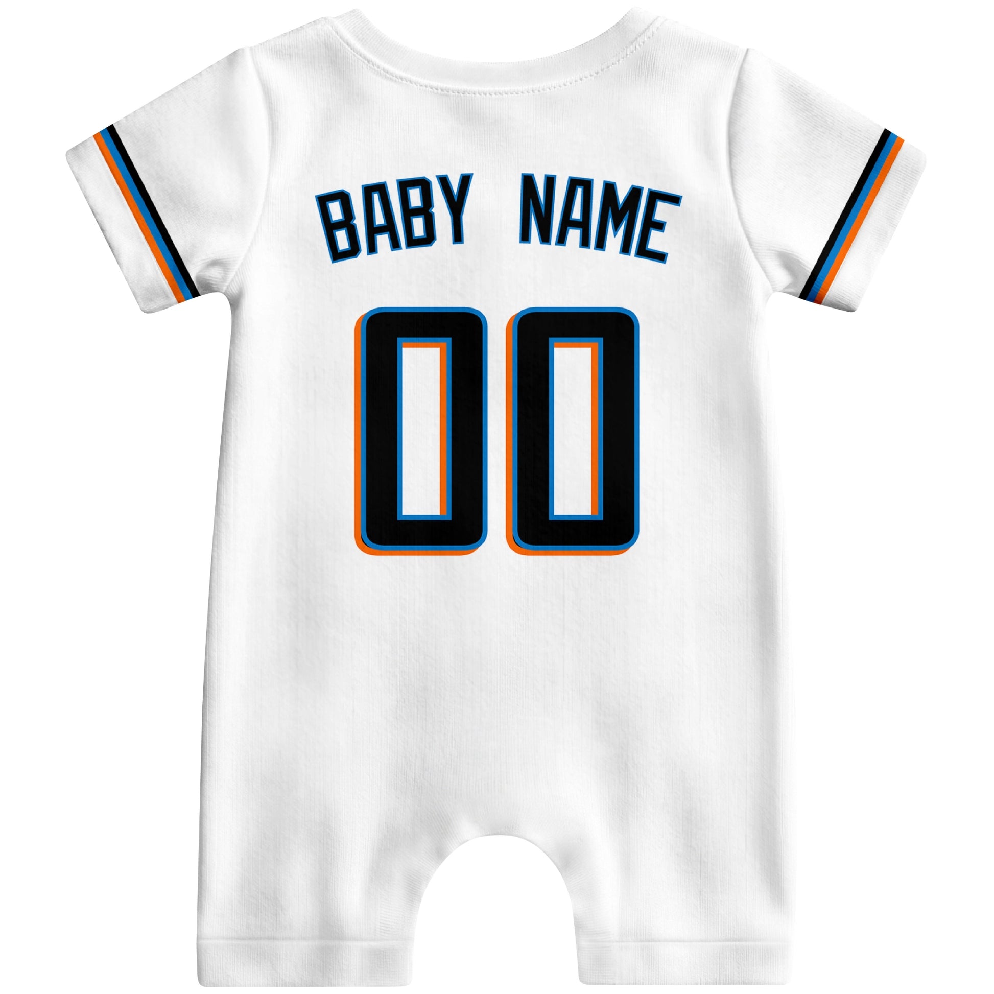 Back view of teal custom baby romper with personalized name and number