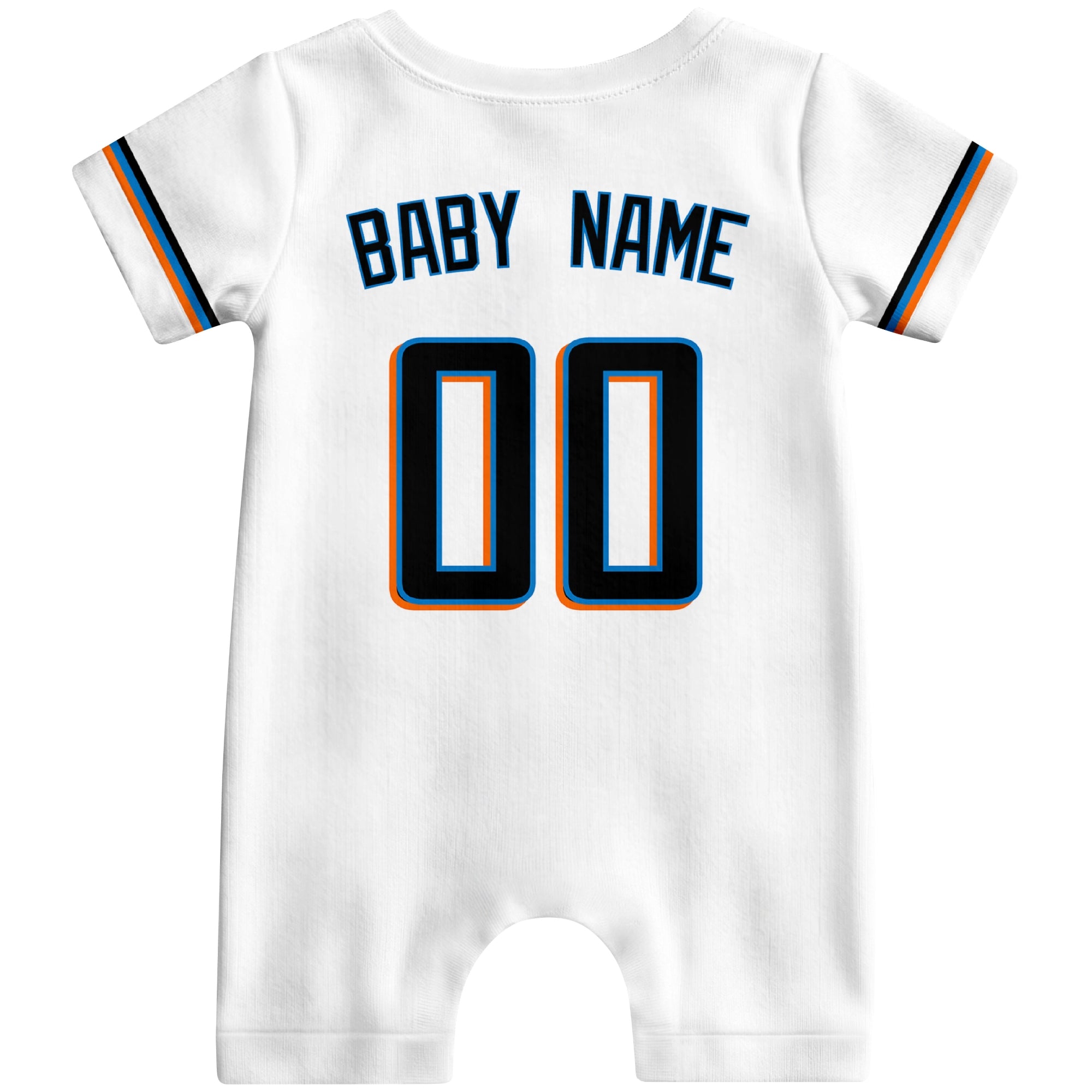 Back view of teal custom baby romper with personalized name and number