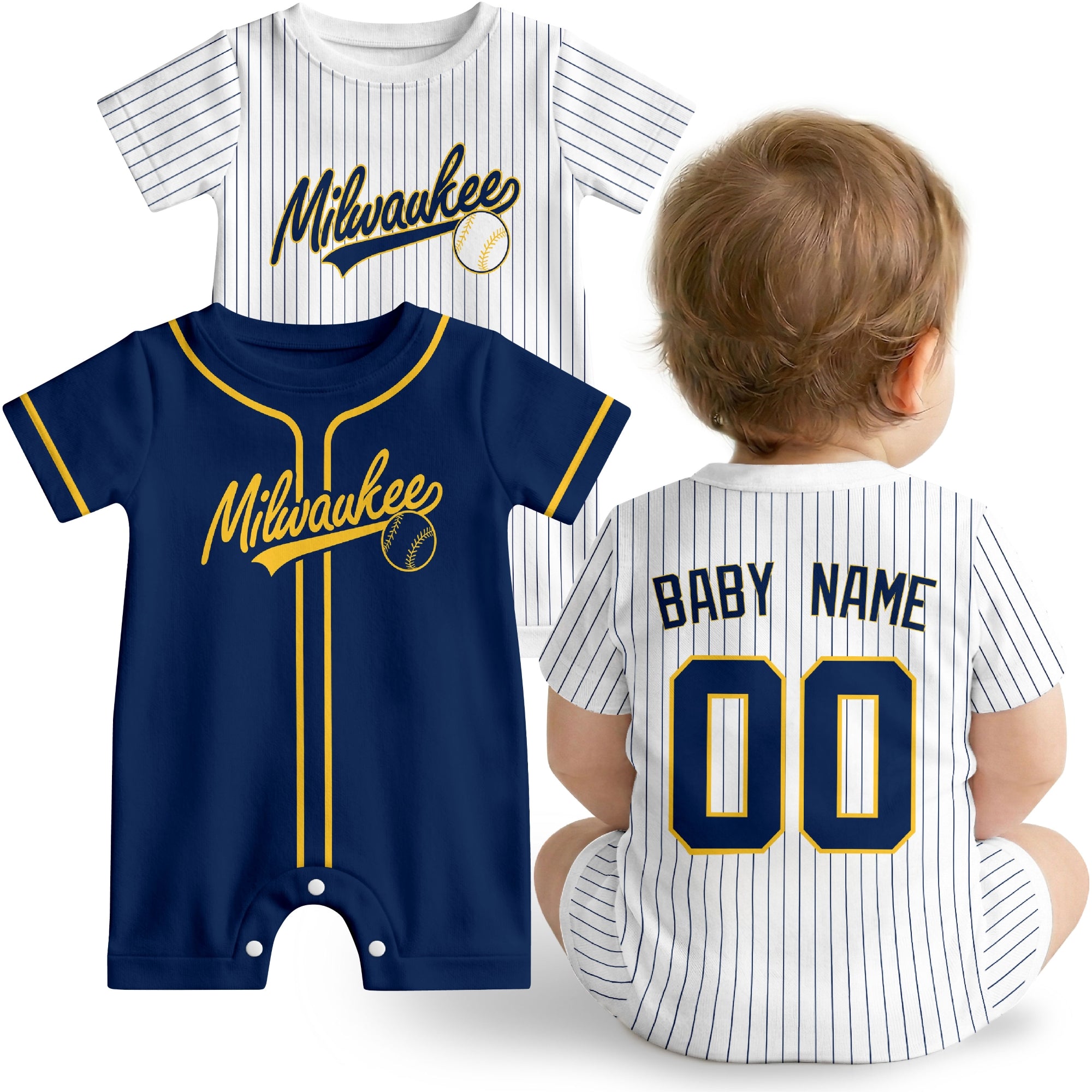 Milwaukee Baby wearing custom baseball-style romper in navy and yellow with personalized name and number, shown beside two additional sporty color variations