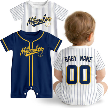 Milwaukee Baby wearing custom baseball-style romper in navy and yellow with personalized name and number, shown beside two additional sporty color variations