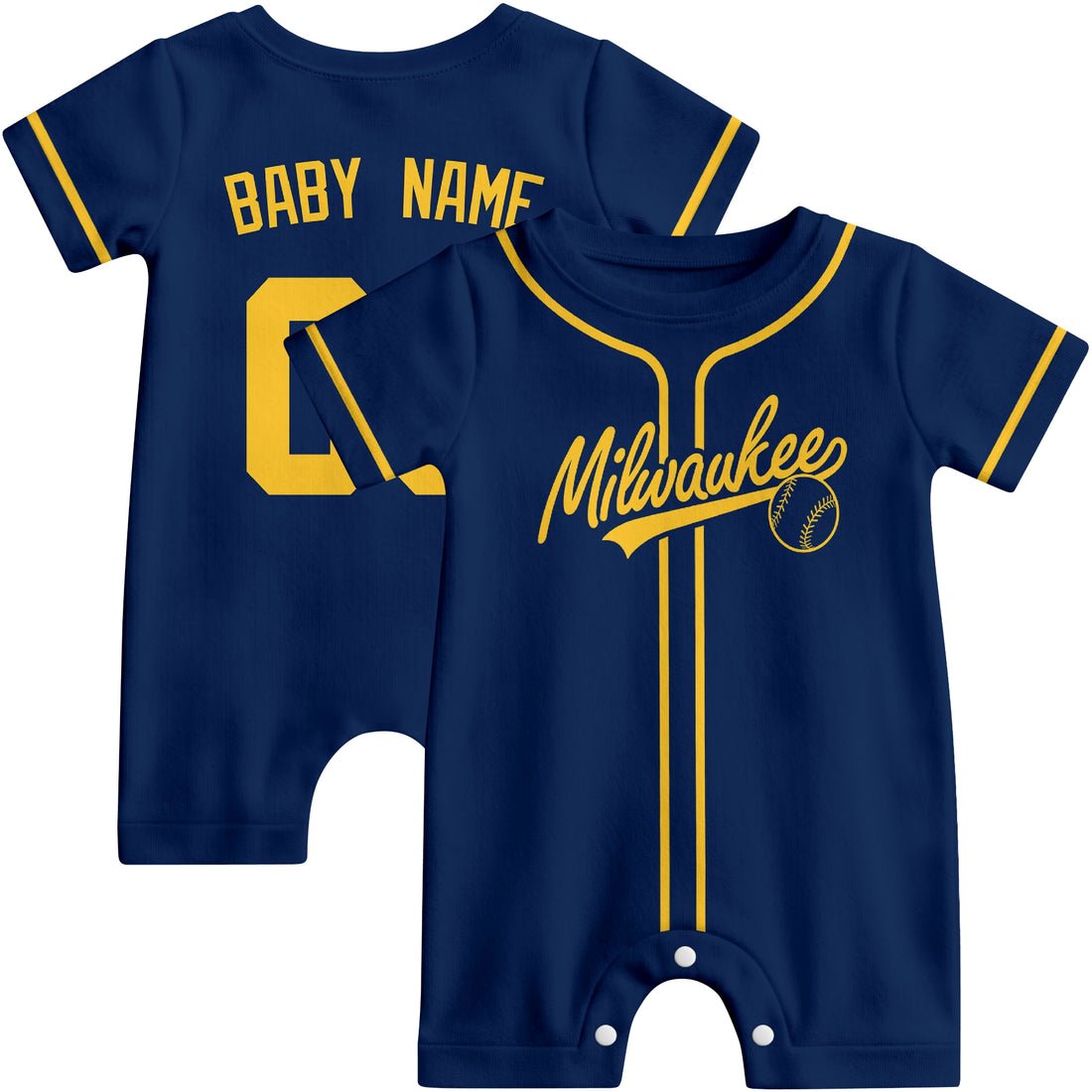 Milwaukee Baby wearing custom baseball-style romper in navy and yellow with personalized name and number, shown beside two additional sporty color variations