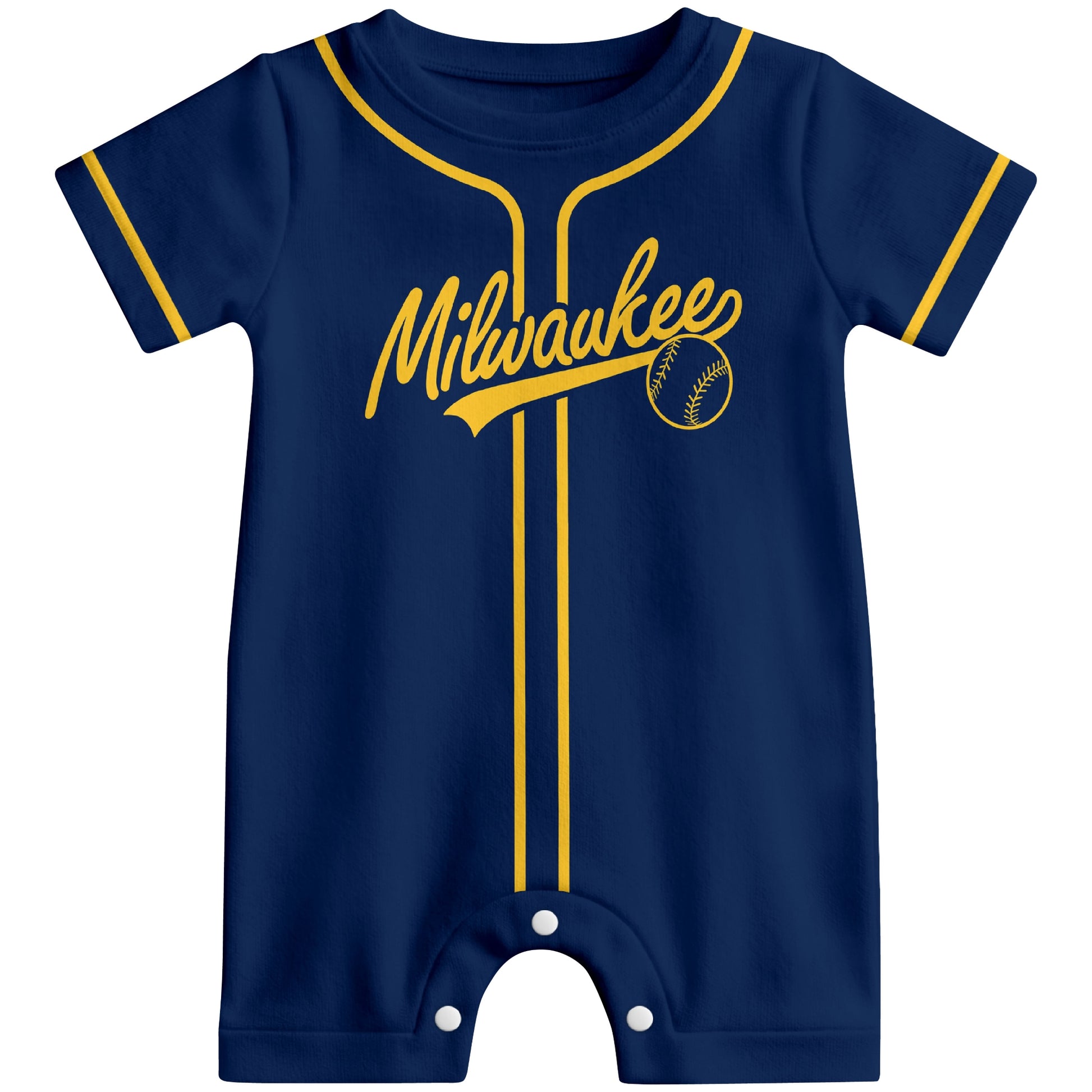 Front view of navy custom baseball-style baby romper with team-inspired text design