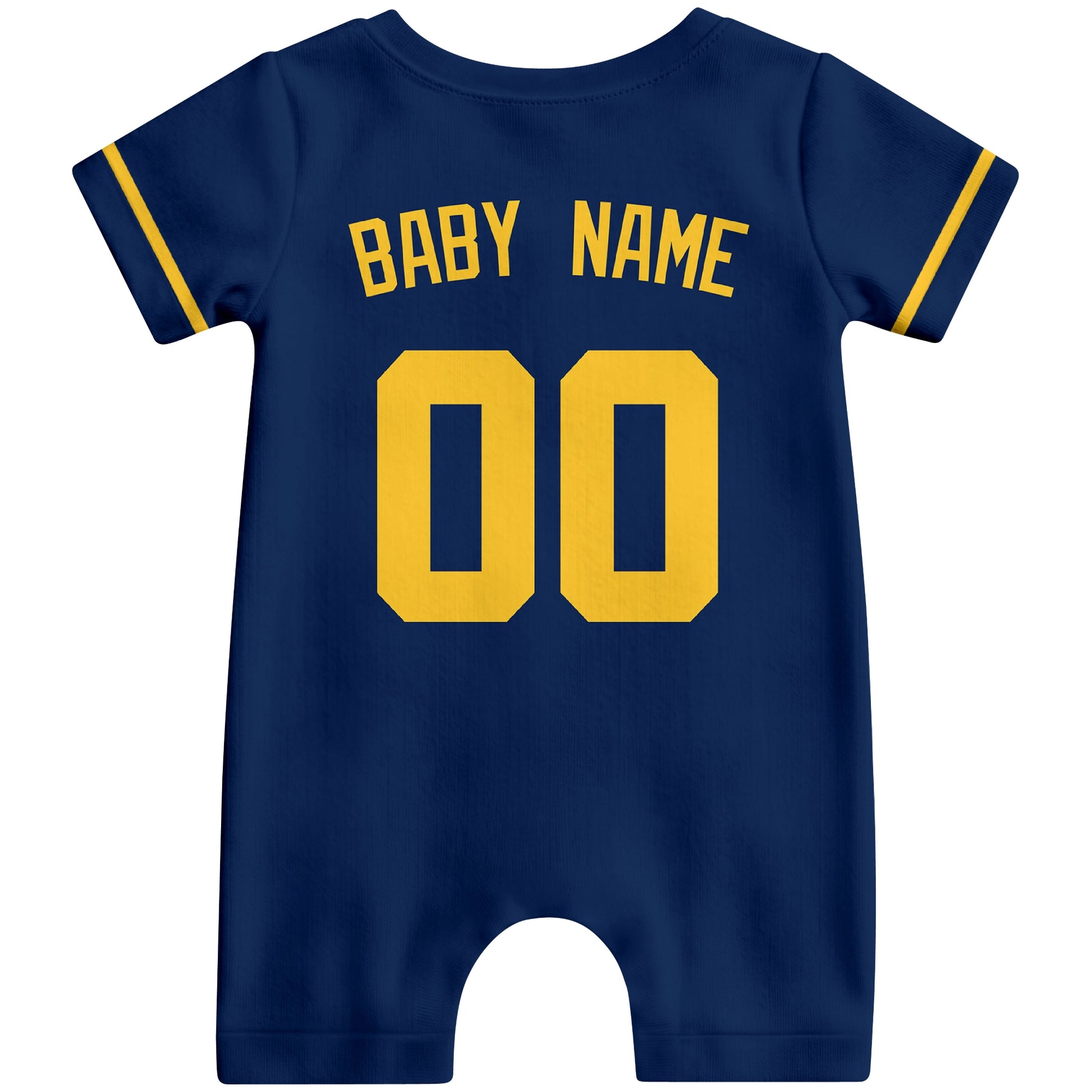 Back view of navy custom baby romper with personalized name and number