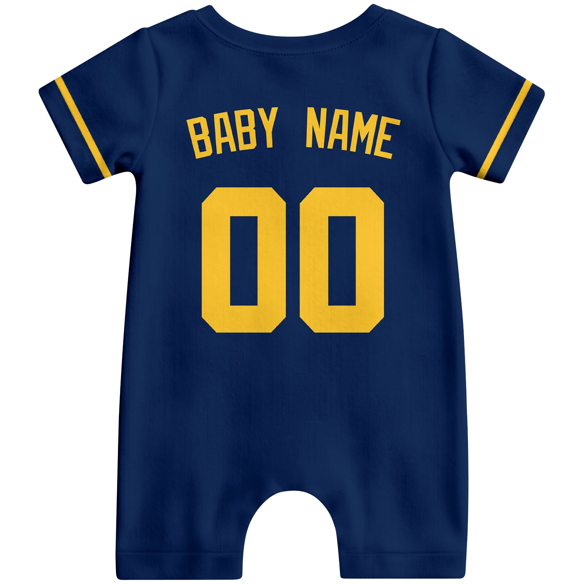 Back view of navy custom baby romper with personalized name and number