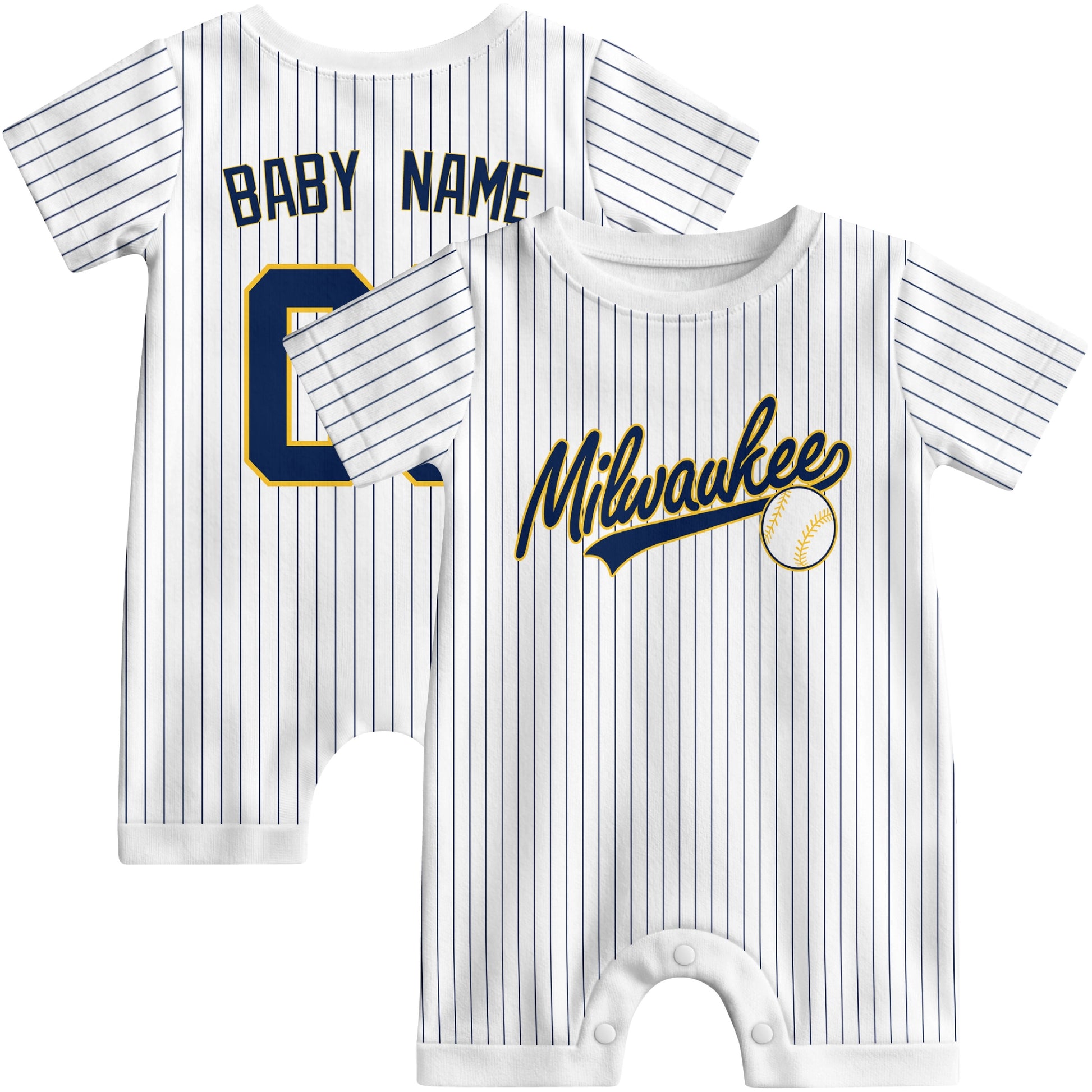 Front and back view of yellow custom baseball-style baby romper