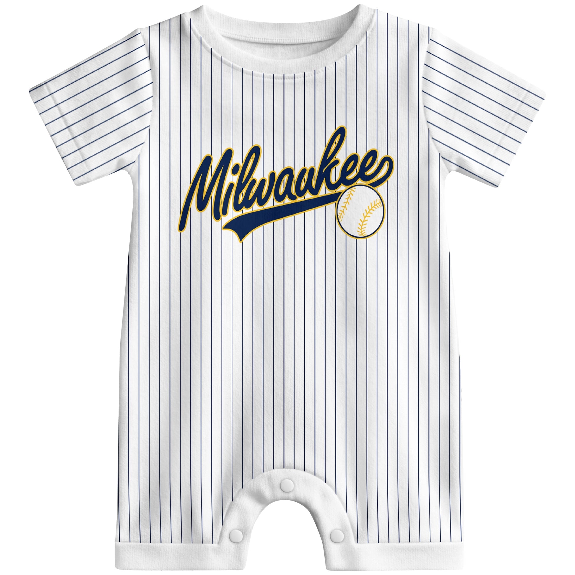 Front view of yellow custom baseball-style baby romper with team-inspired text design