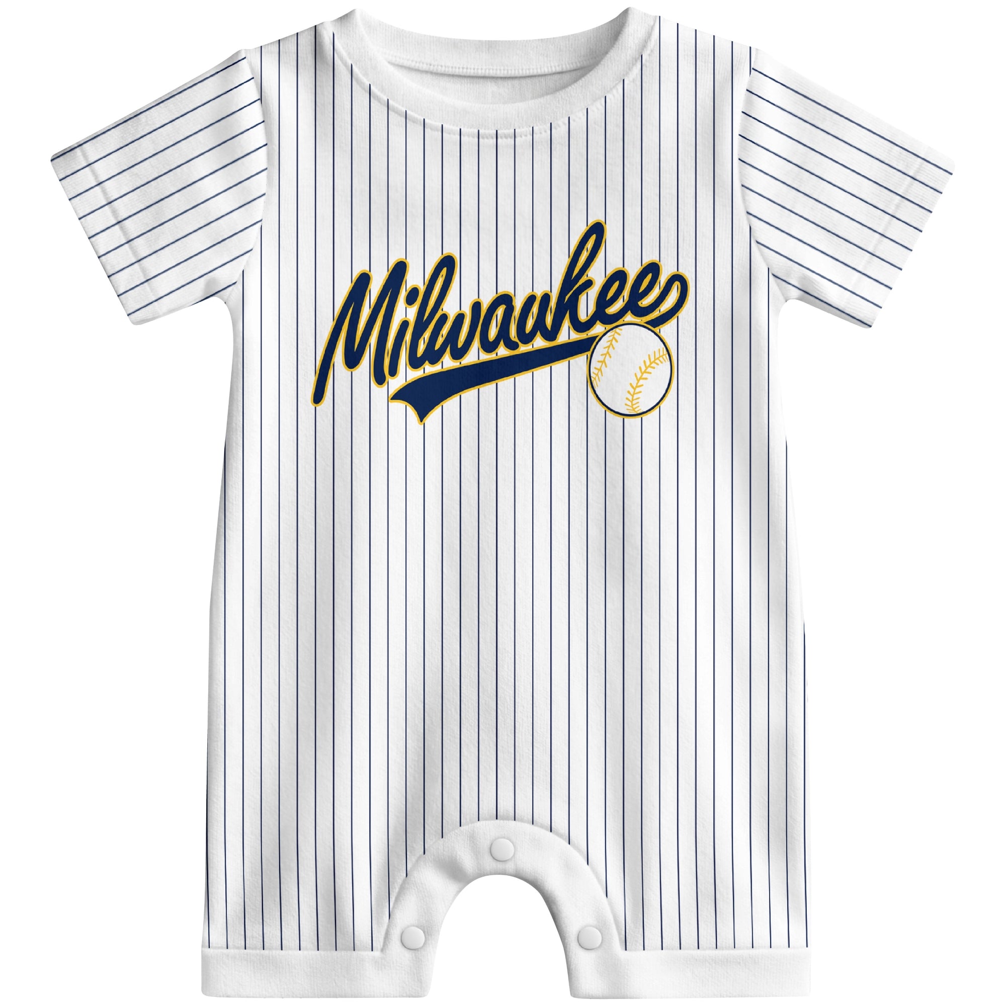 Front view of yellow custom baseball-style baby romper with team-inspired text design