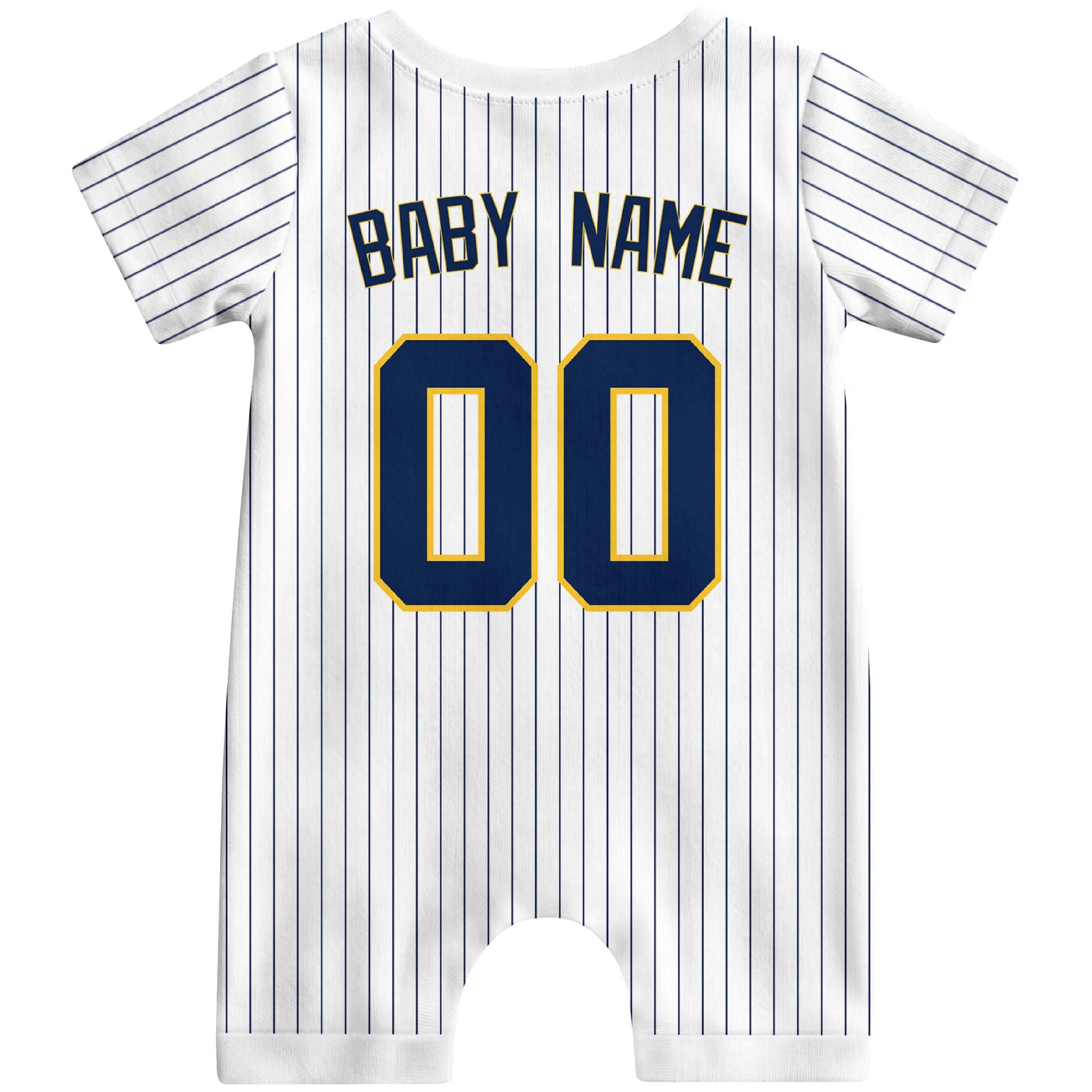 Back view of yellow custom baby romper with personalized name and number