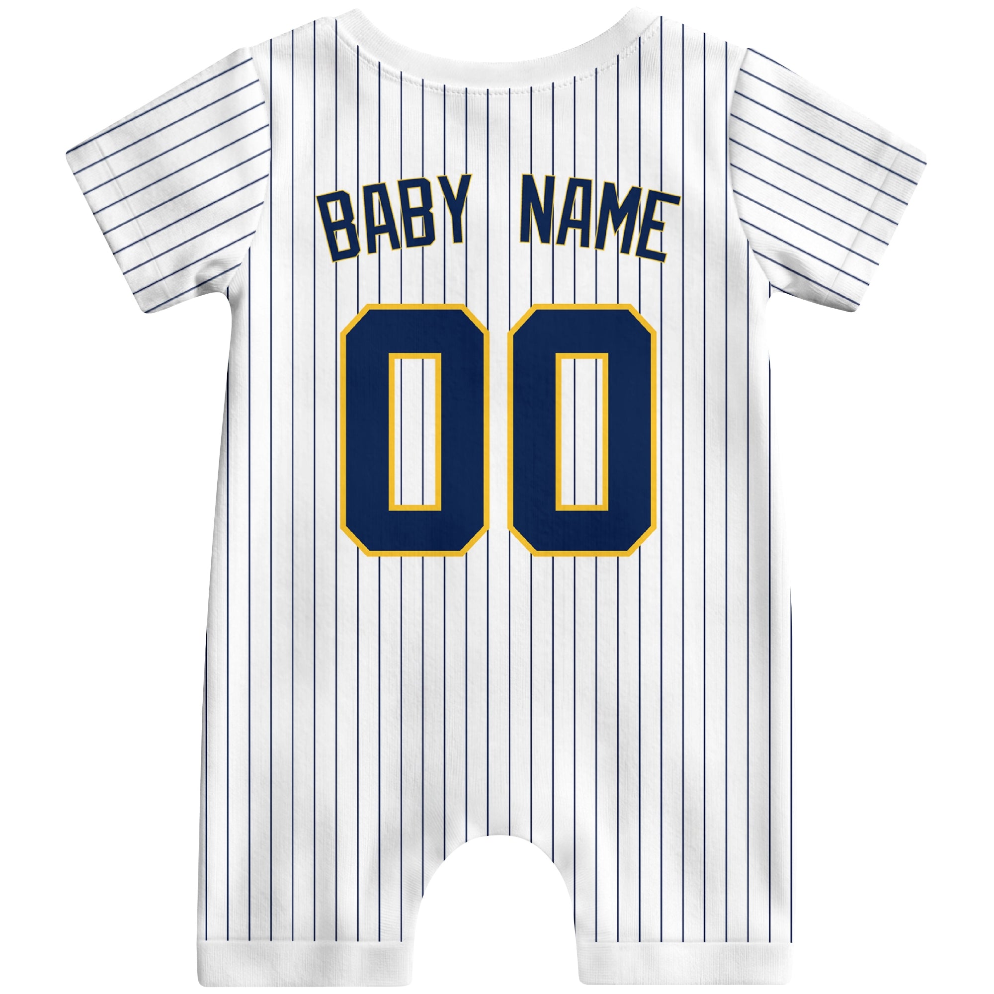 Back view of yellow custom baby romper with personalized name and number
