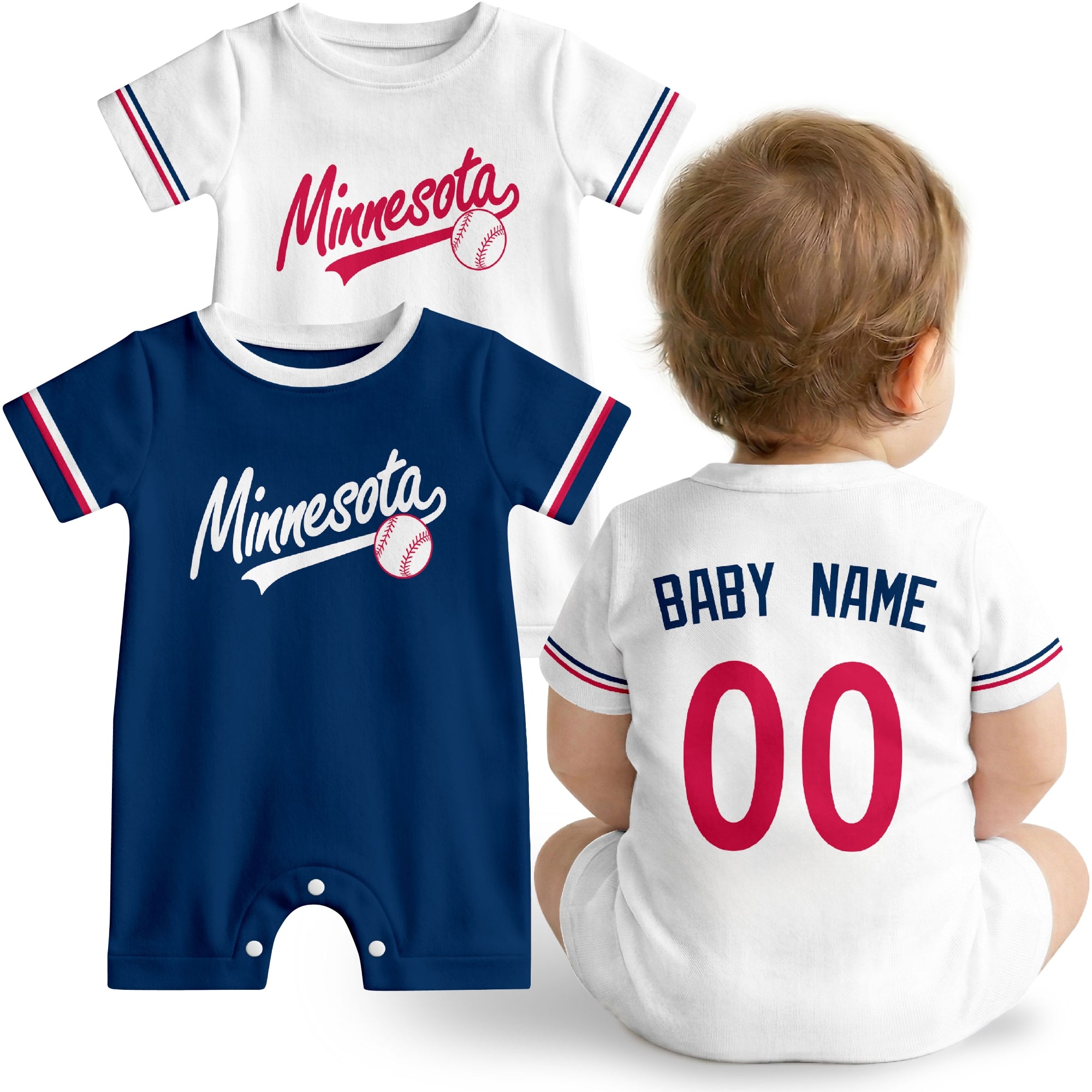Minnesota Baby wearing custom baseball-style romper in navy and red with personalized name and number, shown beside two additional sporty color variations