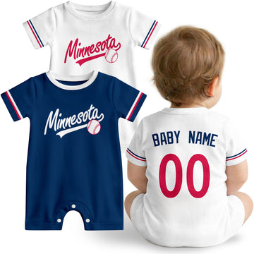 Minnesota Baby wearing custom baseball-style romper in navy and red with personalized name and number, shown beside two additional sporty color variations