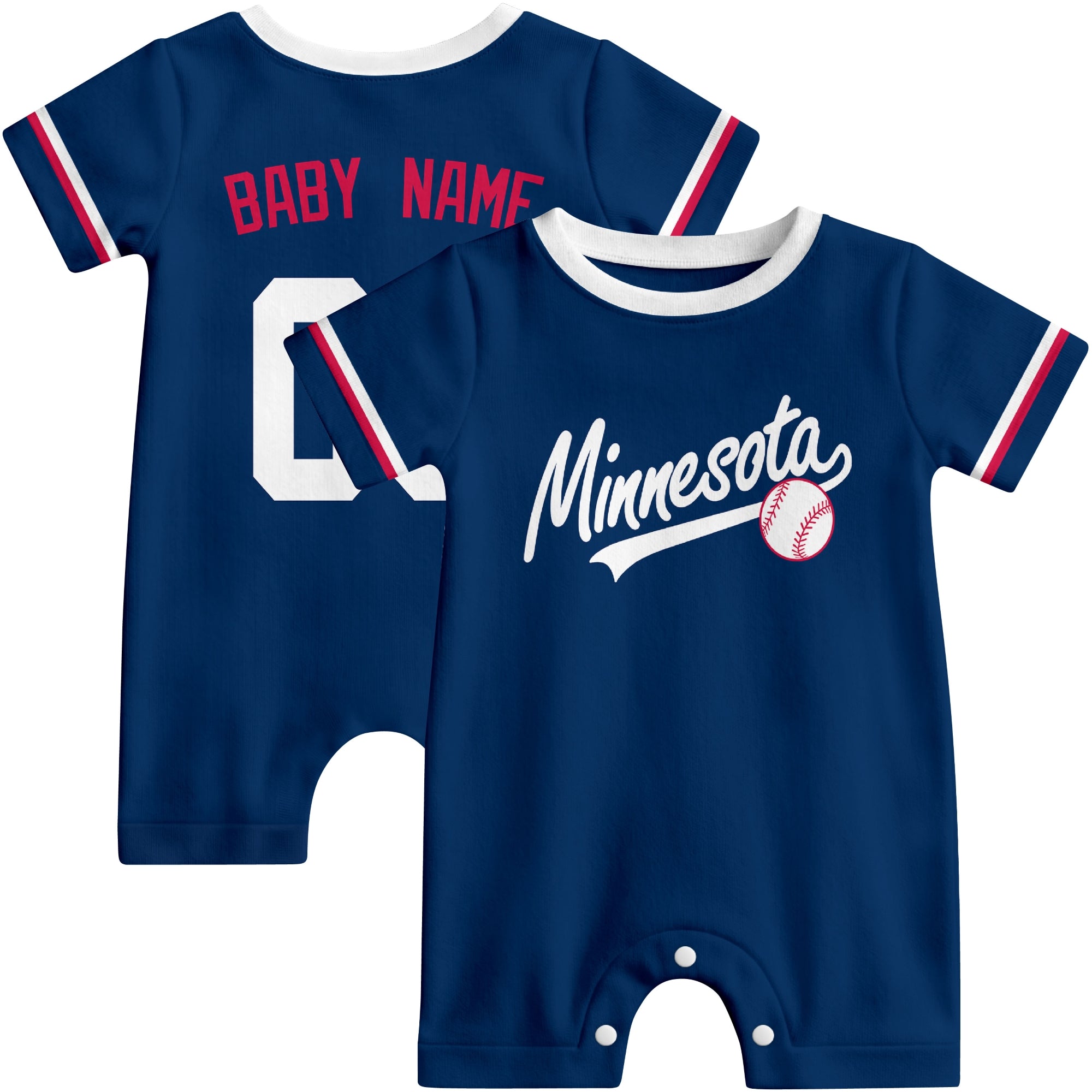 Front and back view of navy and red custom baseball-style baby romper