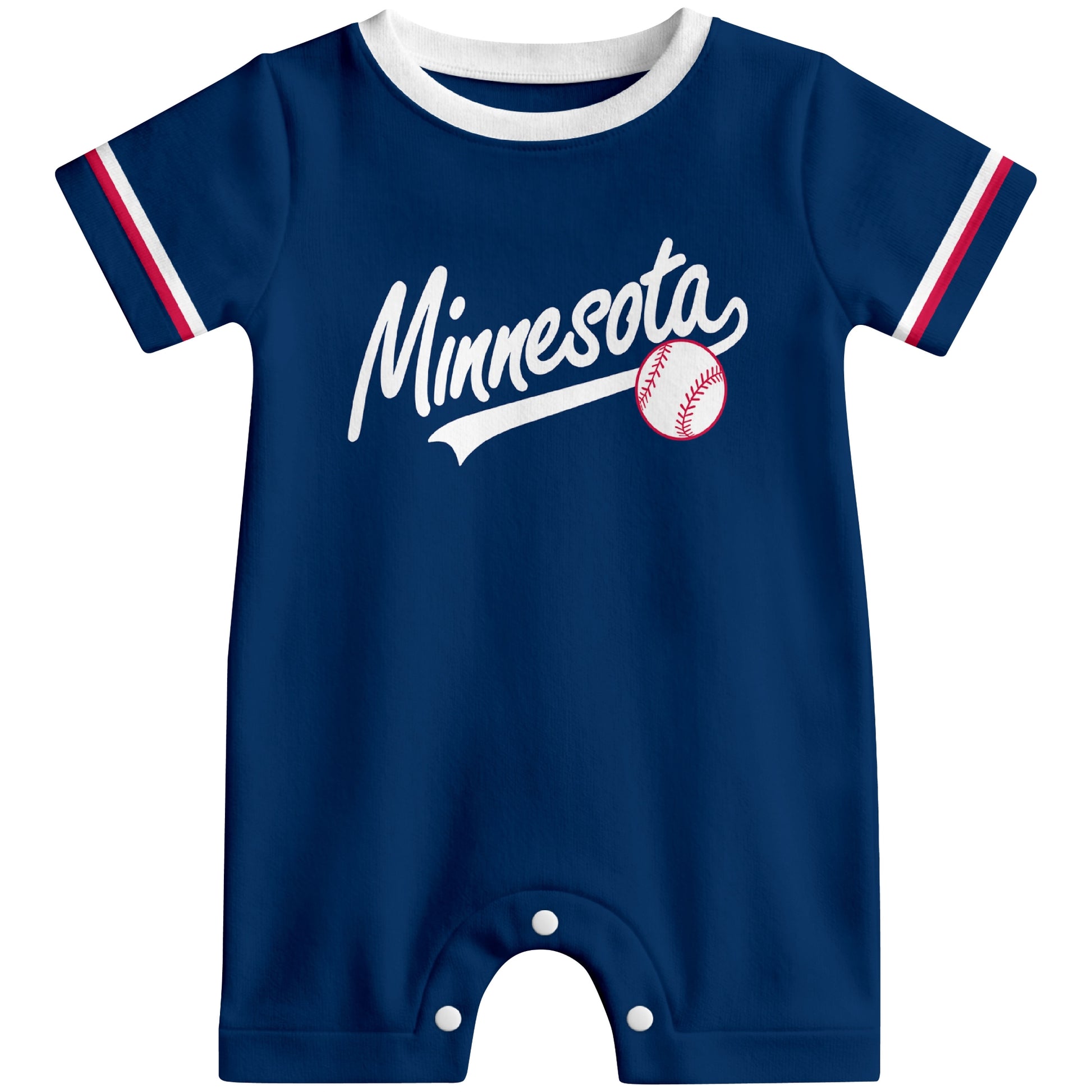 Front view of navy custom baseball-style baby romper with team-inspired text design