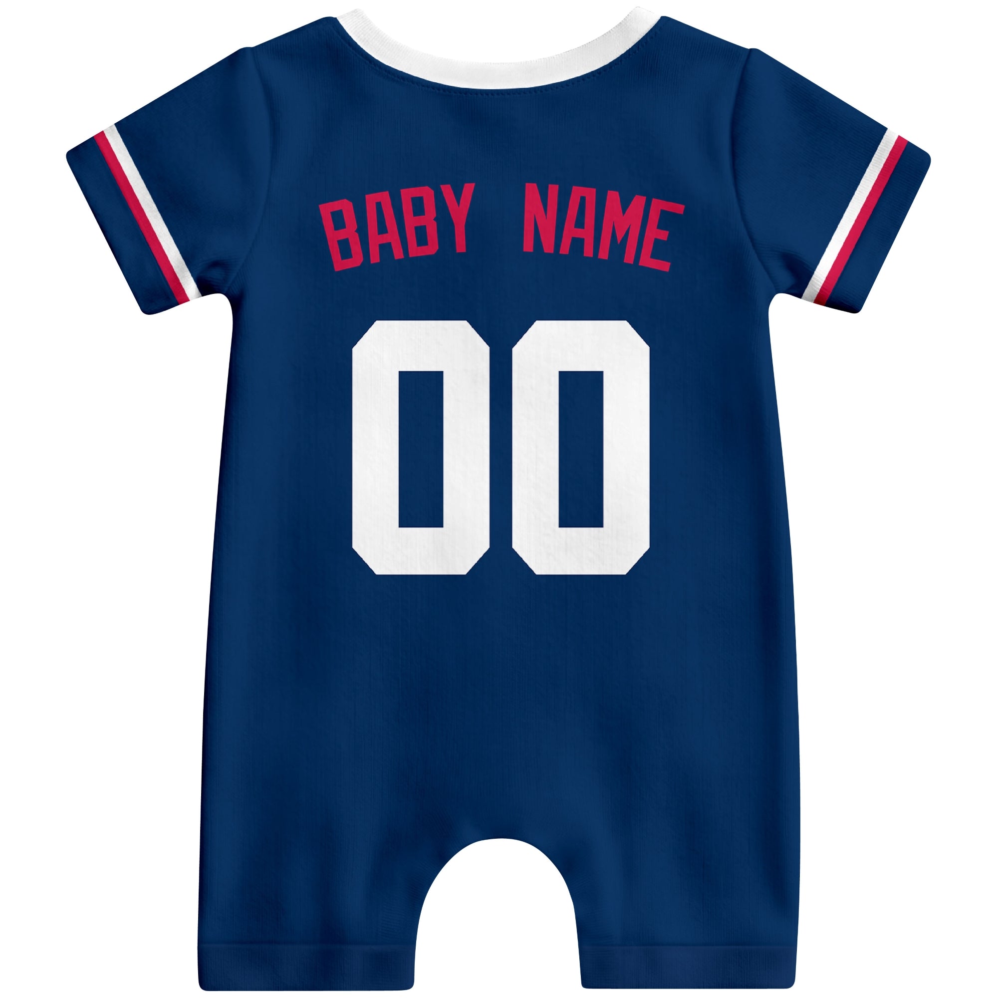 Back view of navy custom baby romper with personalized name and number