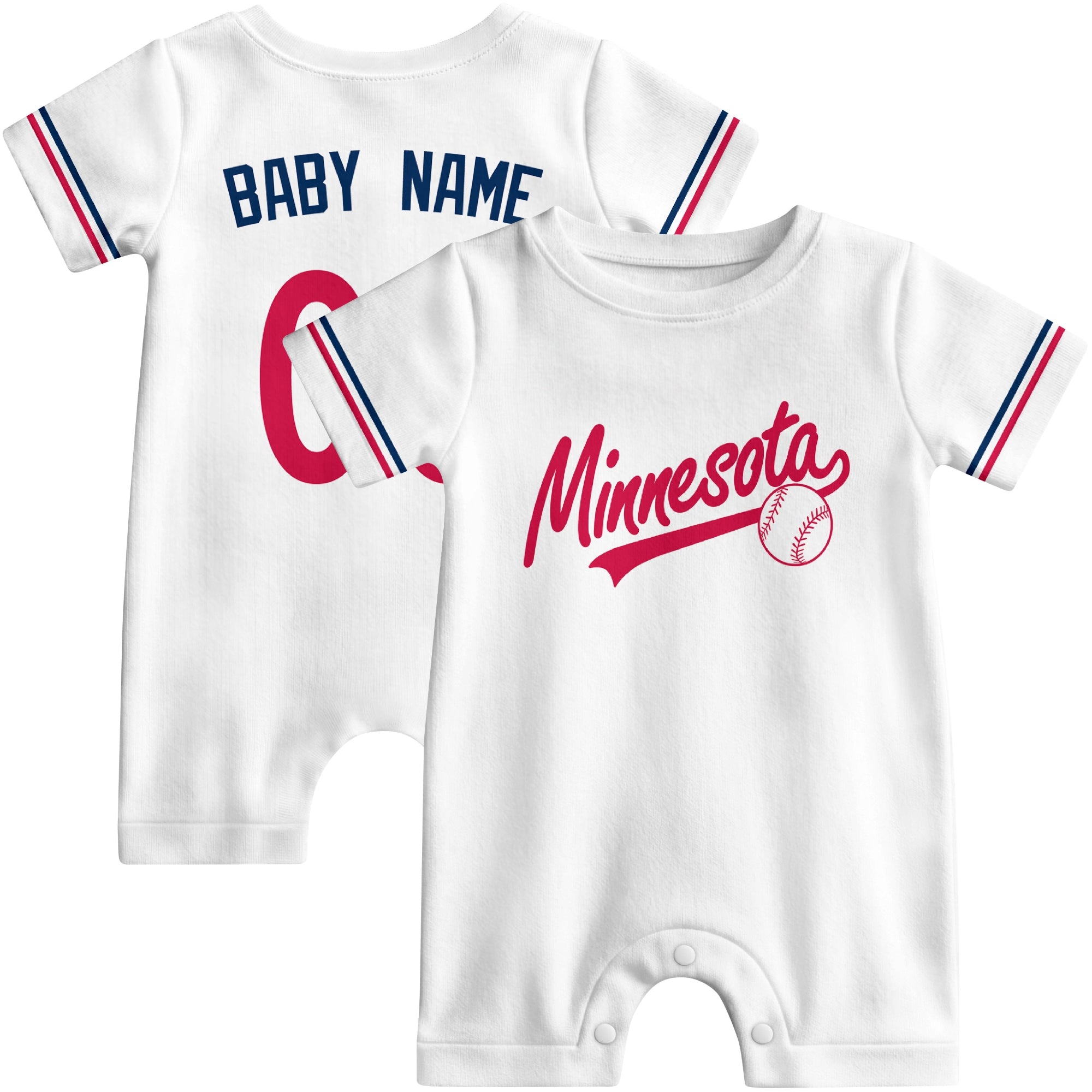 Front and back view of red custom baseball-style baby romper