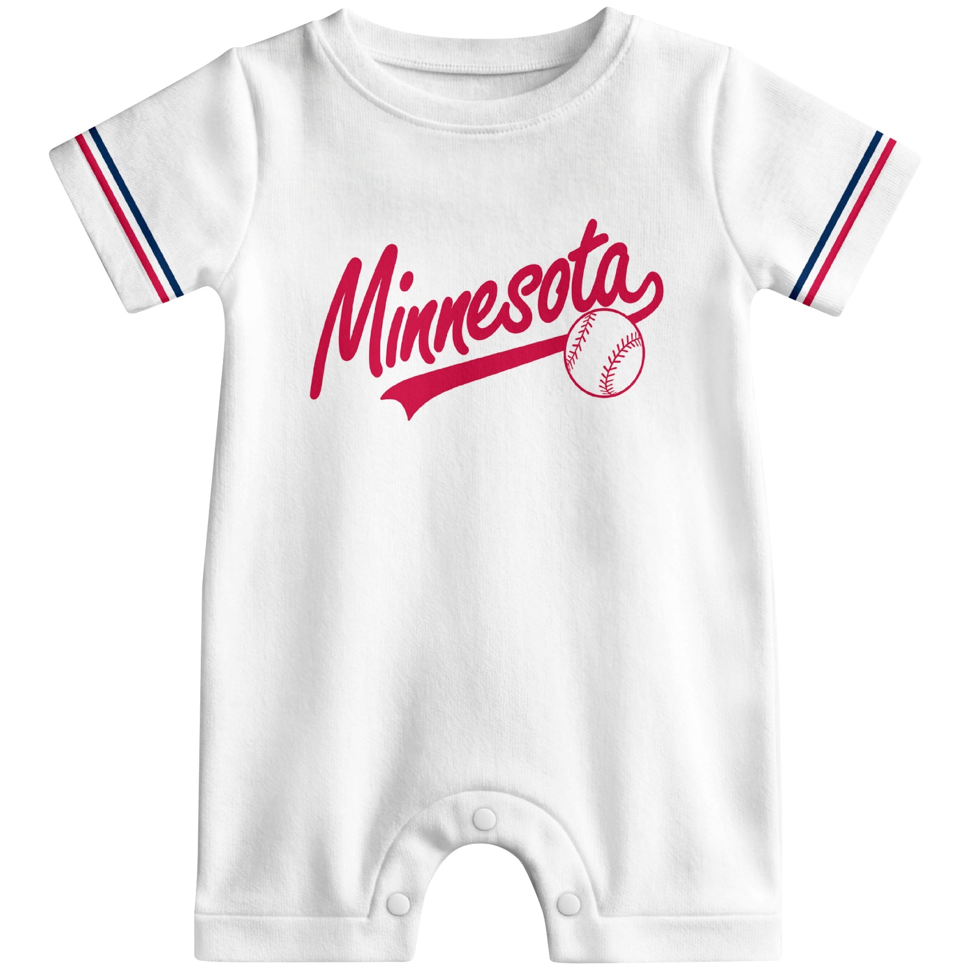 Front view of red custom baseball-style baby romper with team-inspired text design