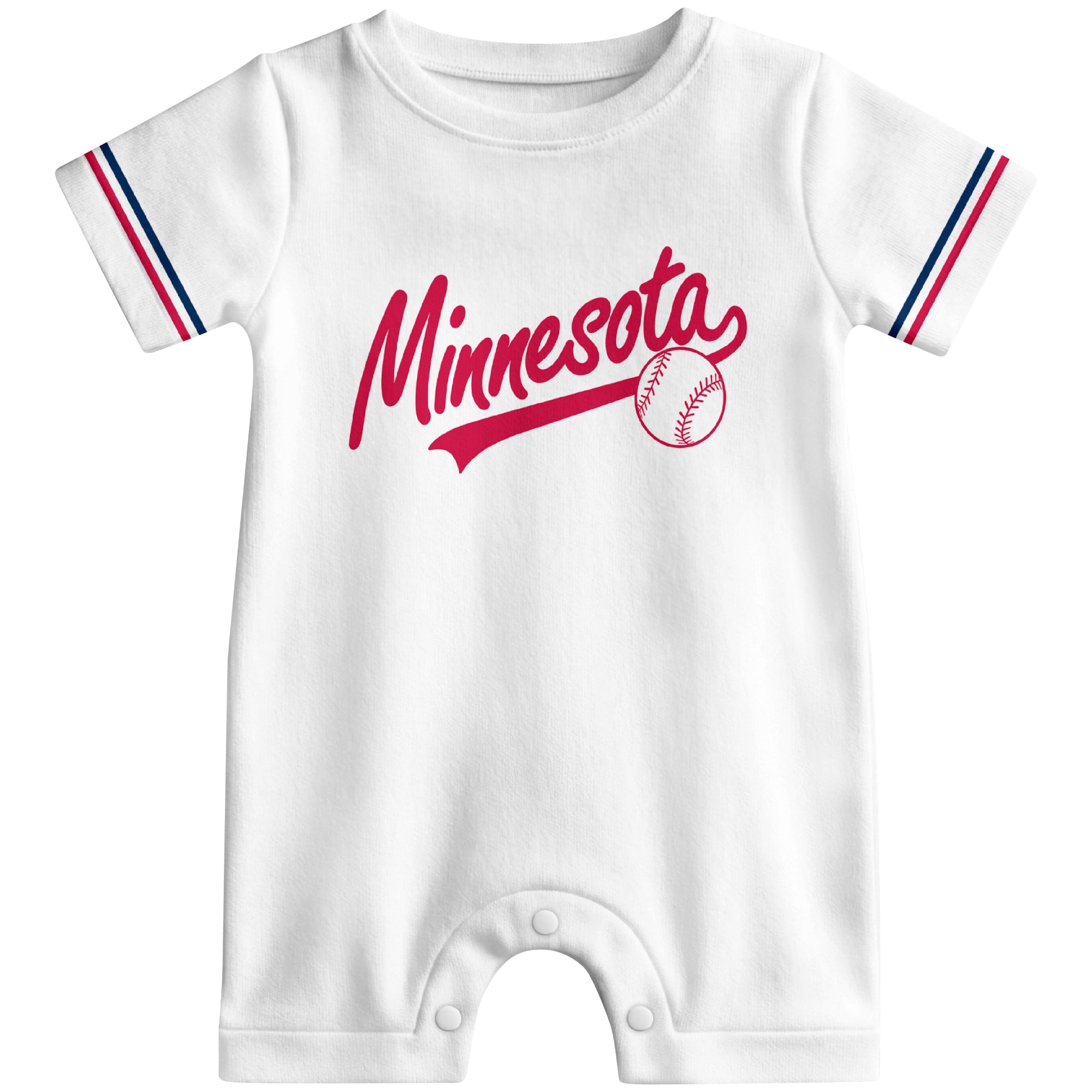 Front view of red custom baseball-style baby romper with team-inspired text design