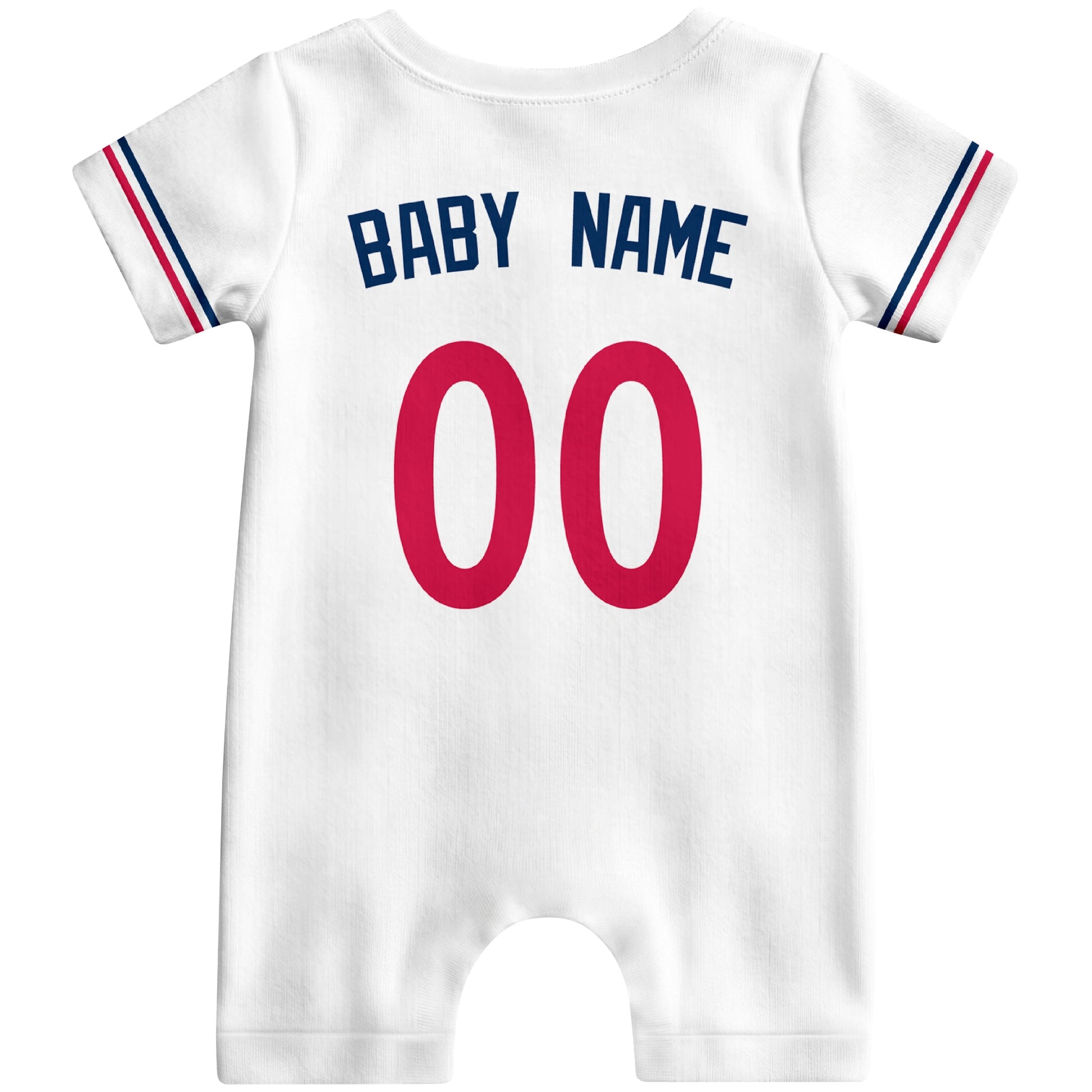 Back view of red custom baby romper with personalized name and number