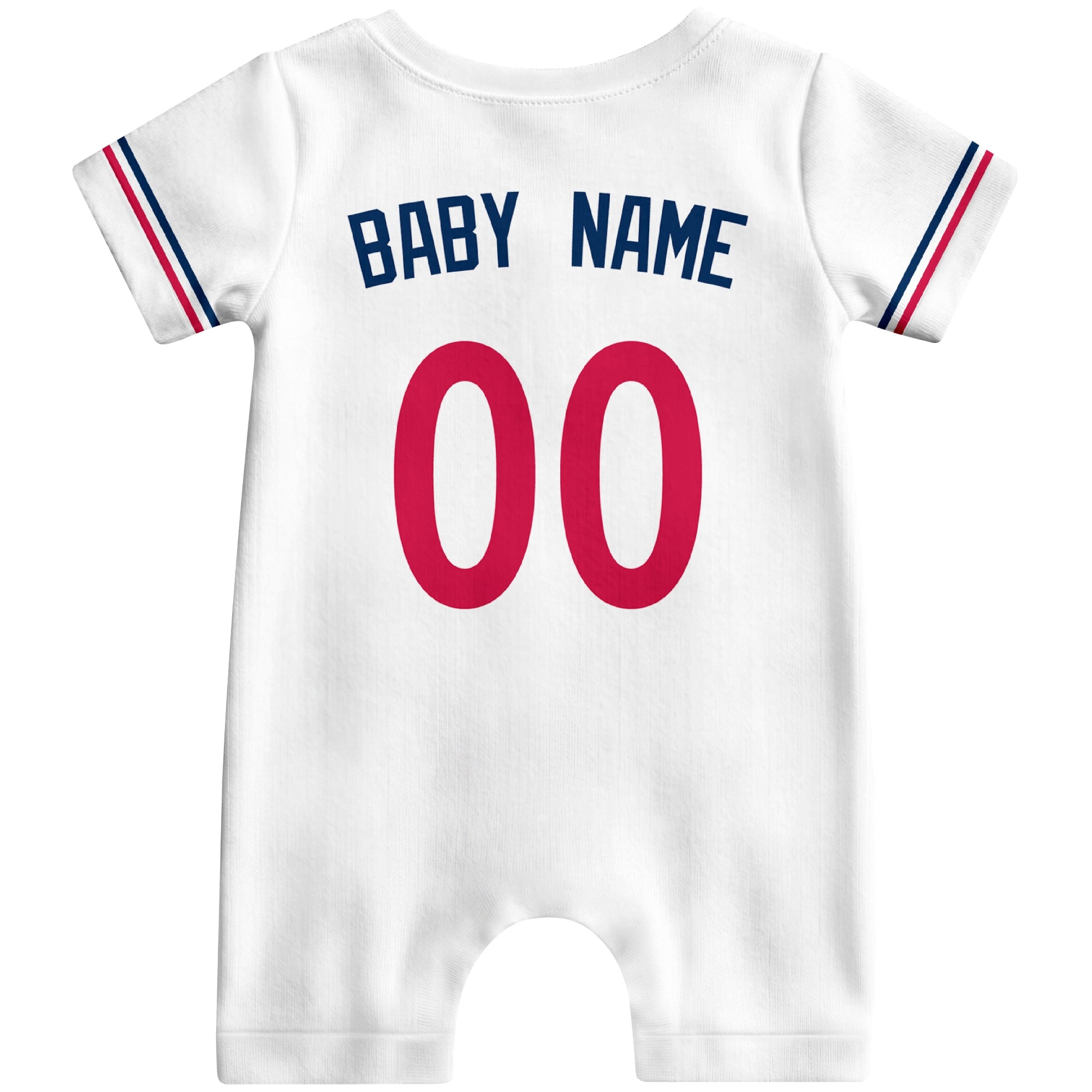 Back view of red custom baby romper with personalized name and number