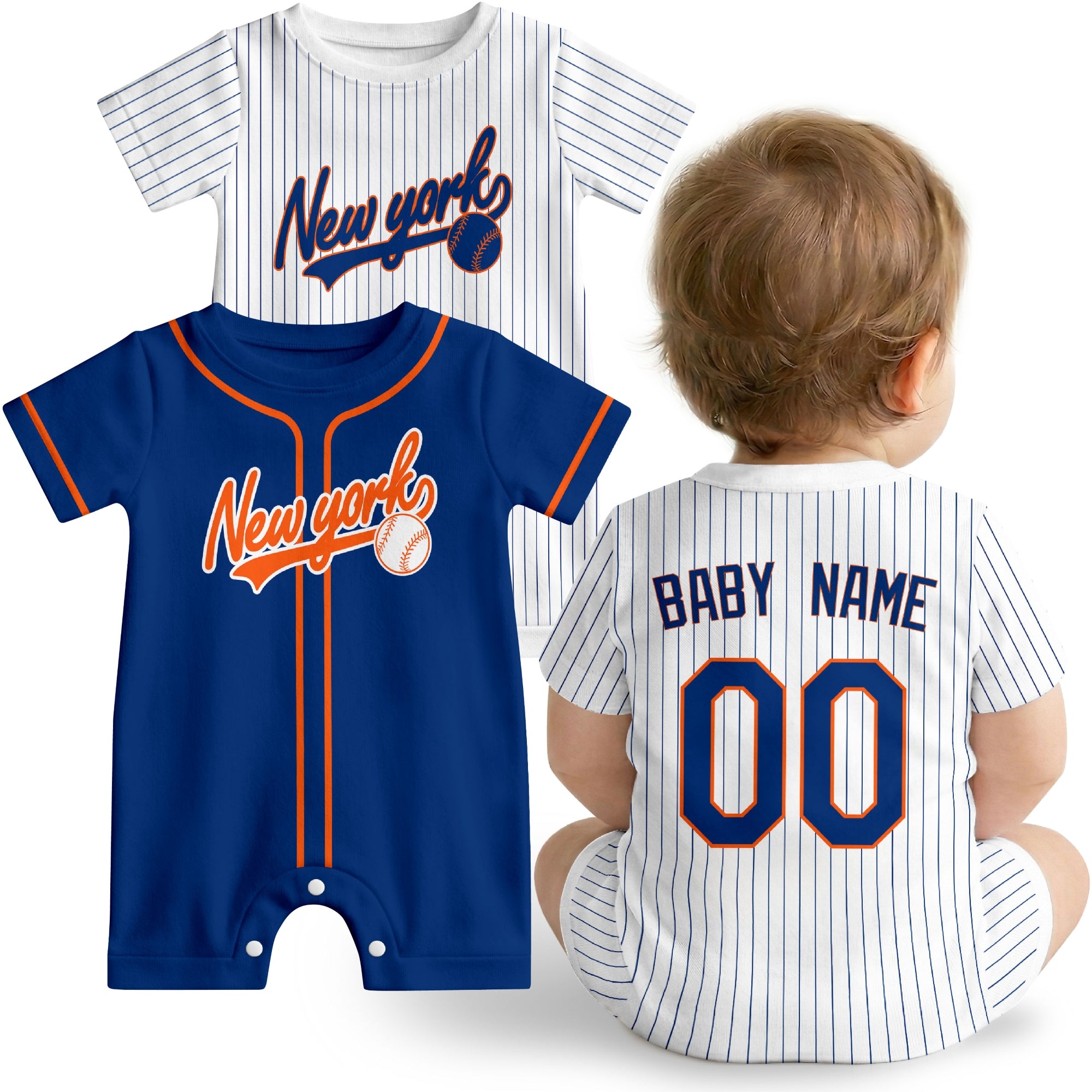 New York M Baby wearing custom baseball-style romper in royal blue and orange with personalized name and number, shown beside two additional sporty color variations
