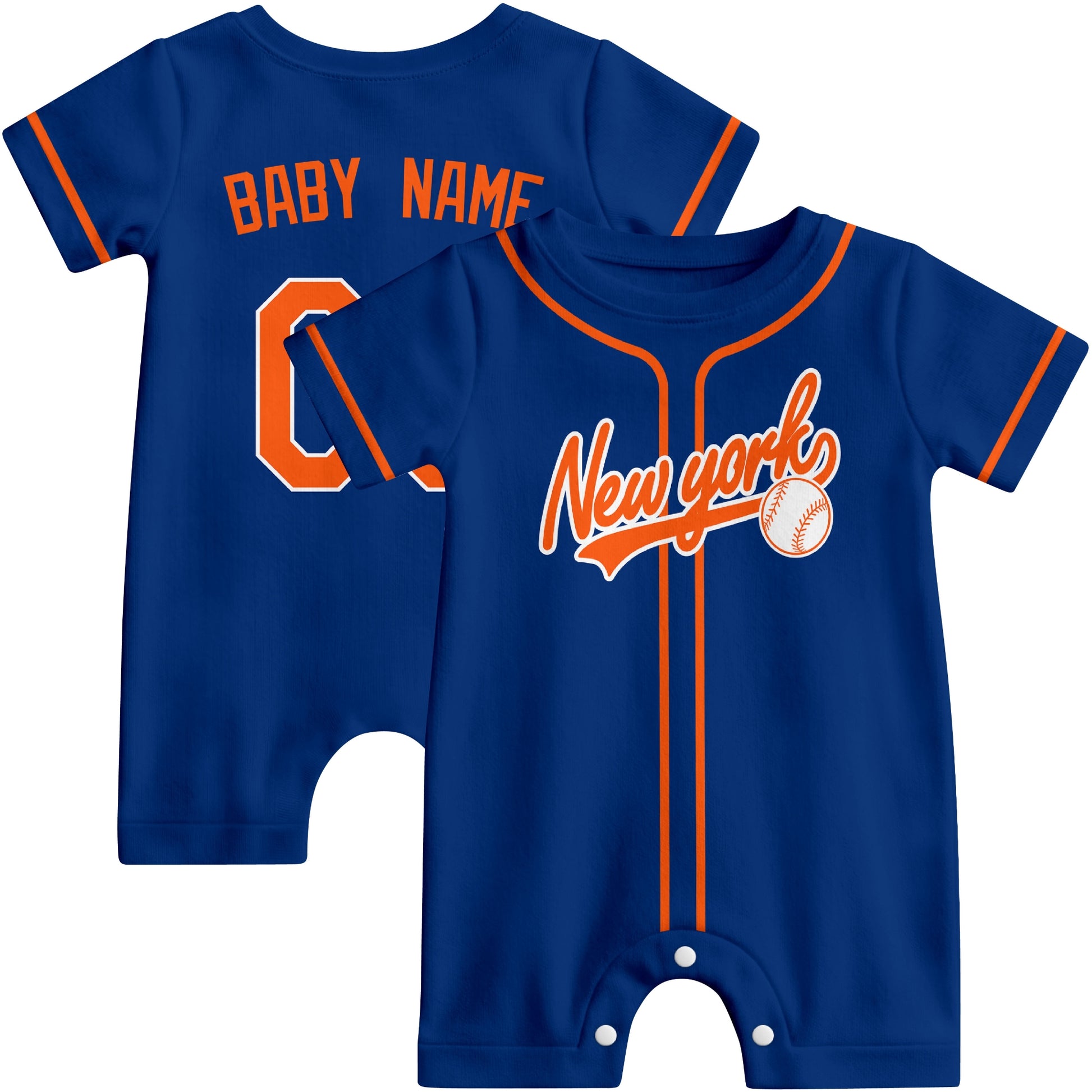 Front and back view of royal blue and orange custom baseball-style baby romper
