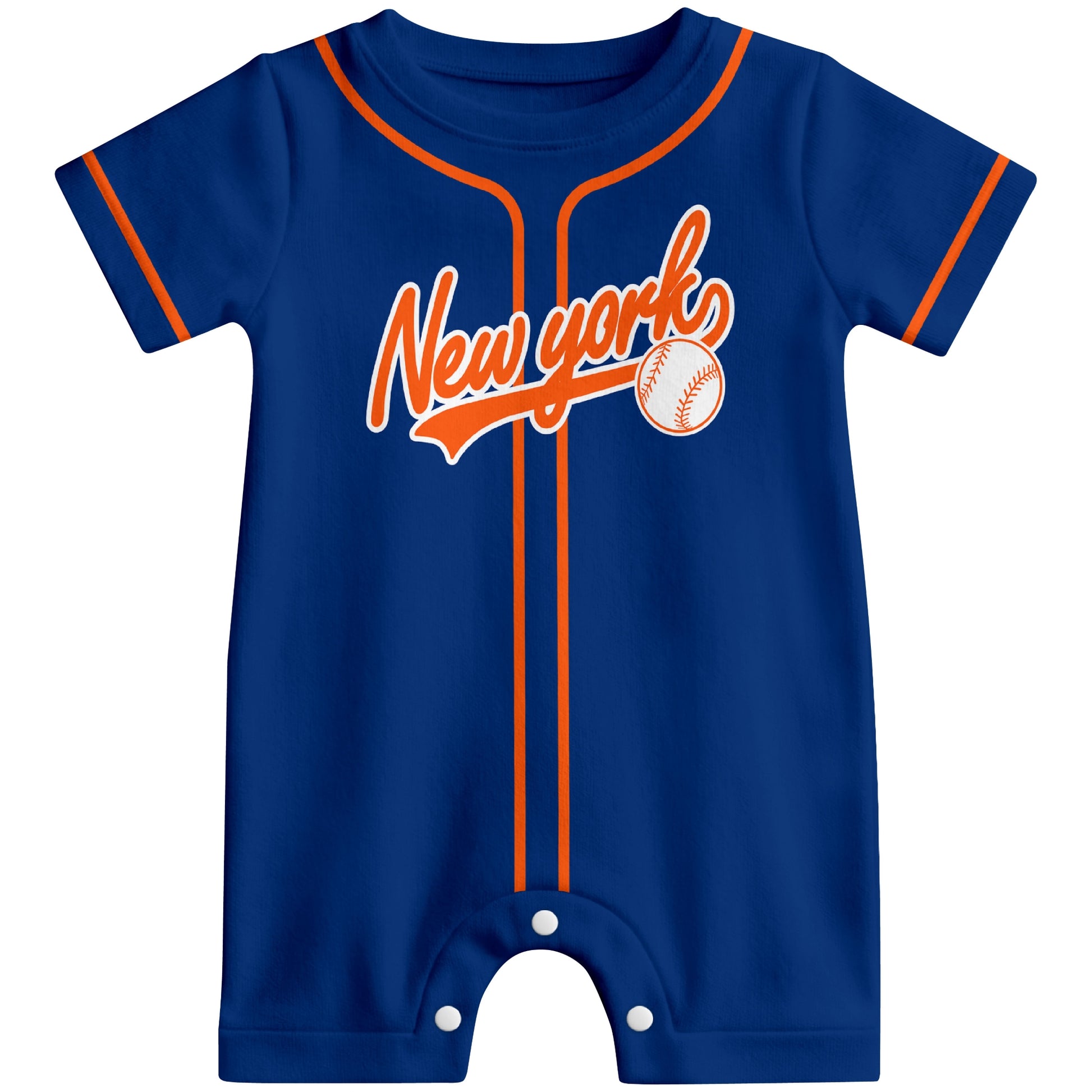 Front view of royal blue custom baseball-style baby romper with team-inspired text design