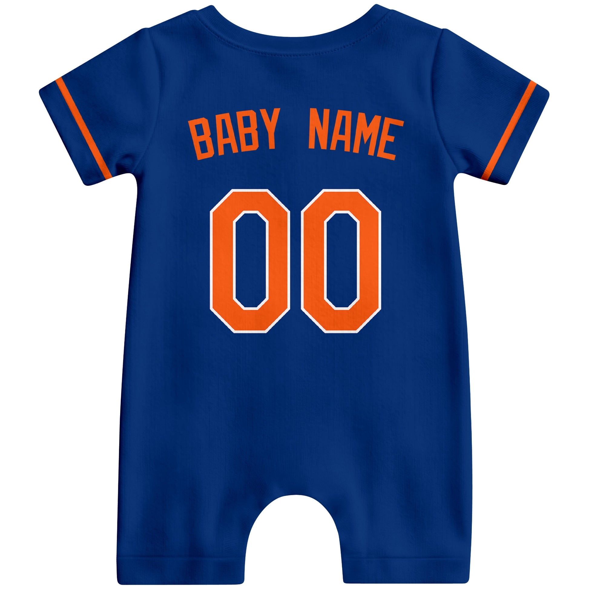 Back view of royal blue custom baby romper with personalized name and number