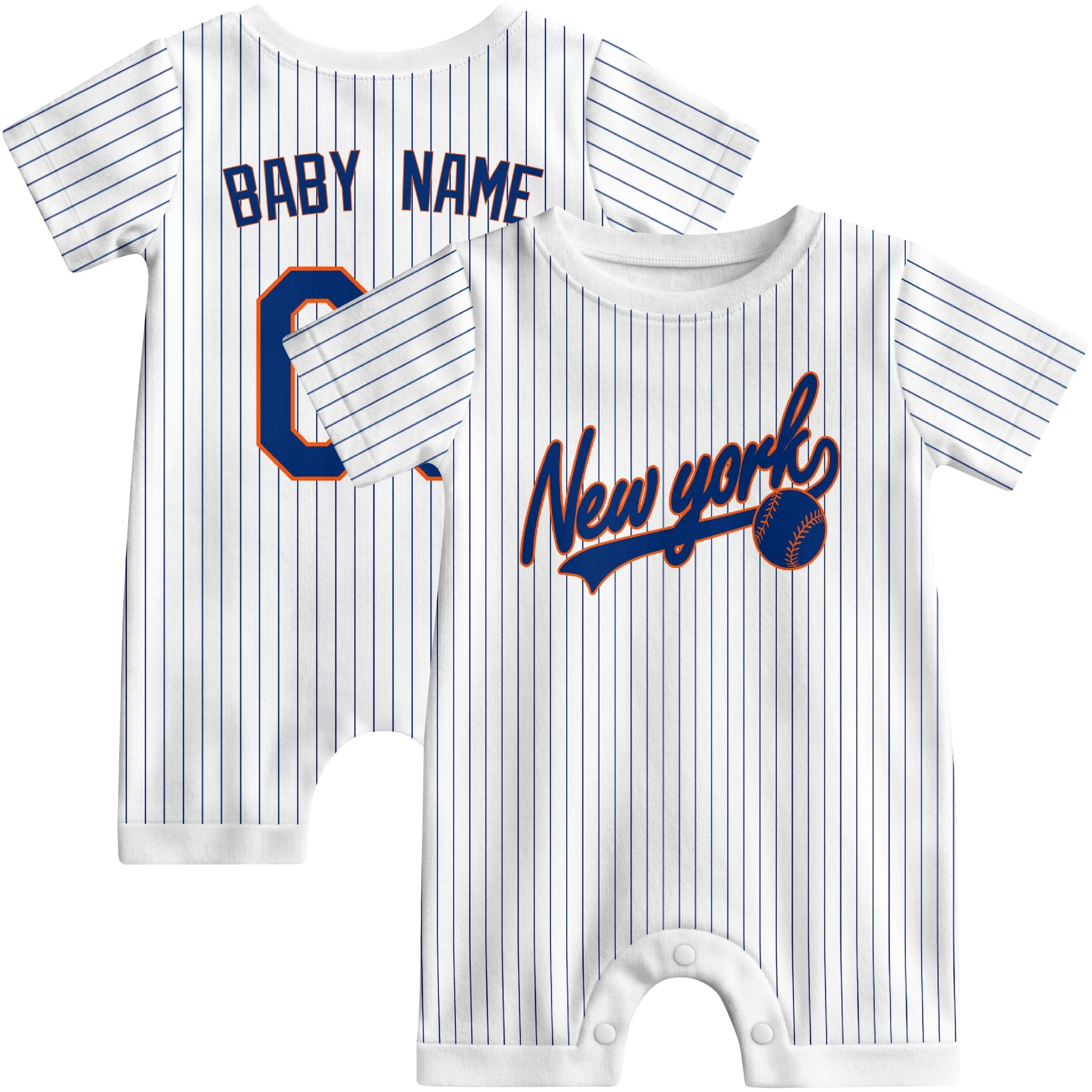 Front and back view of orange custom baseball-style baby romper