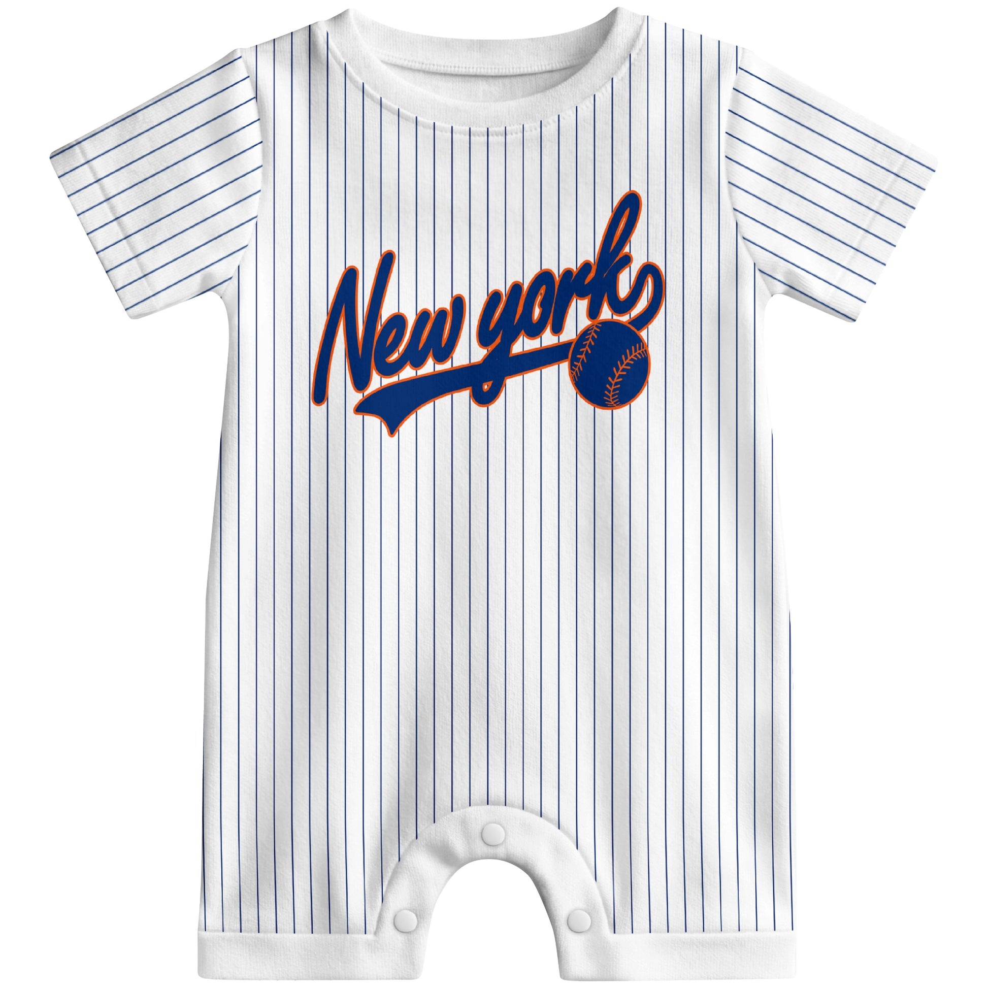 Front view of orange custom baseball-style baby romper with team-inspired text design