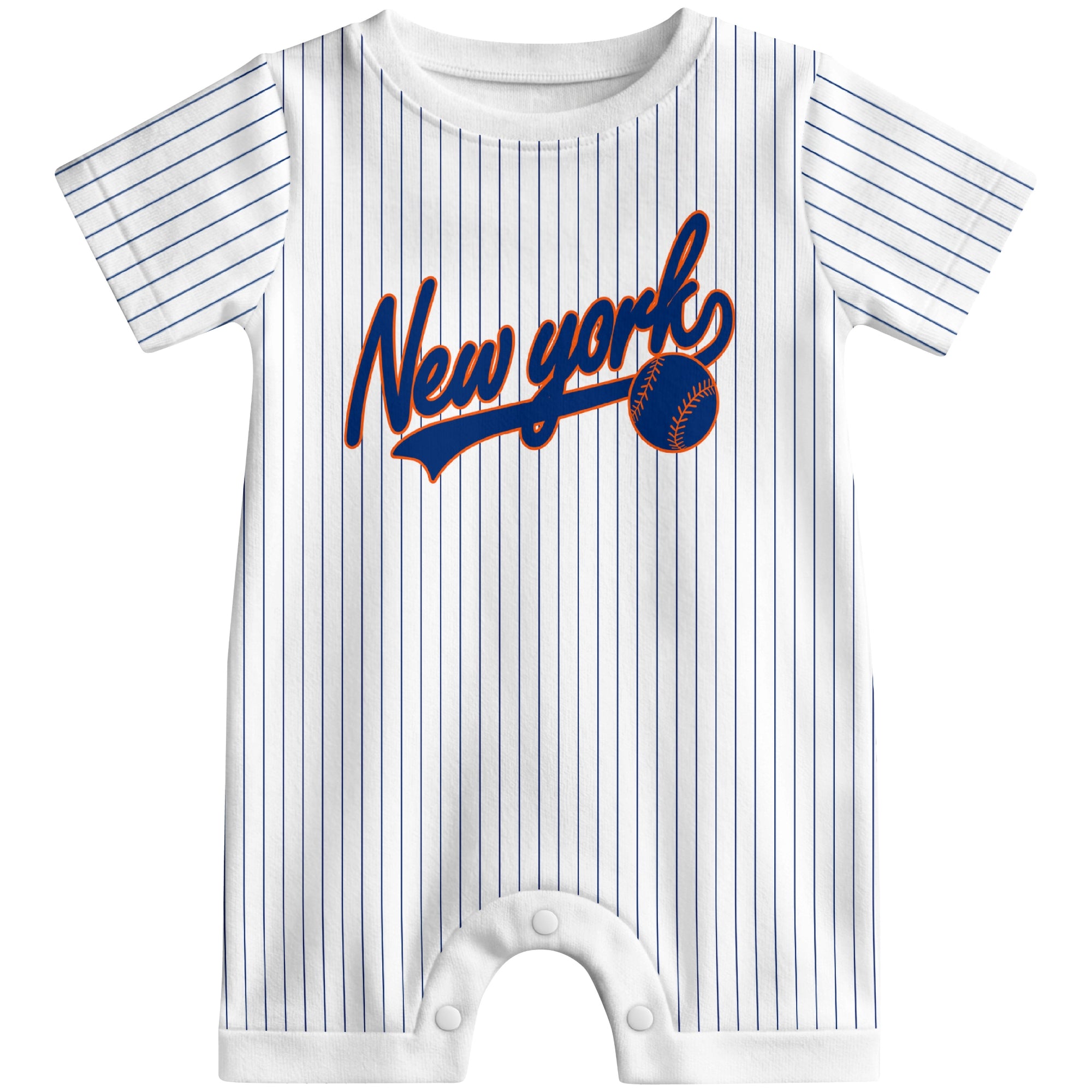 Front view of orange custom baseball-style baby romper with team-inspired text design