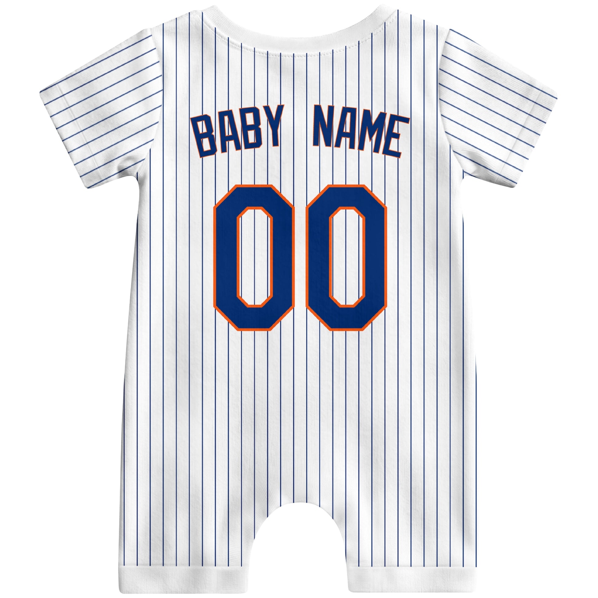 Back view of orange custom baby romper with personalized name and number