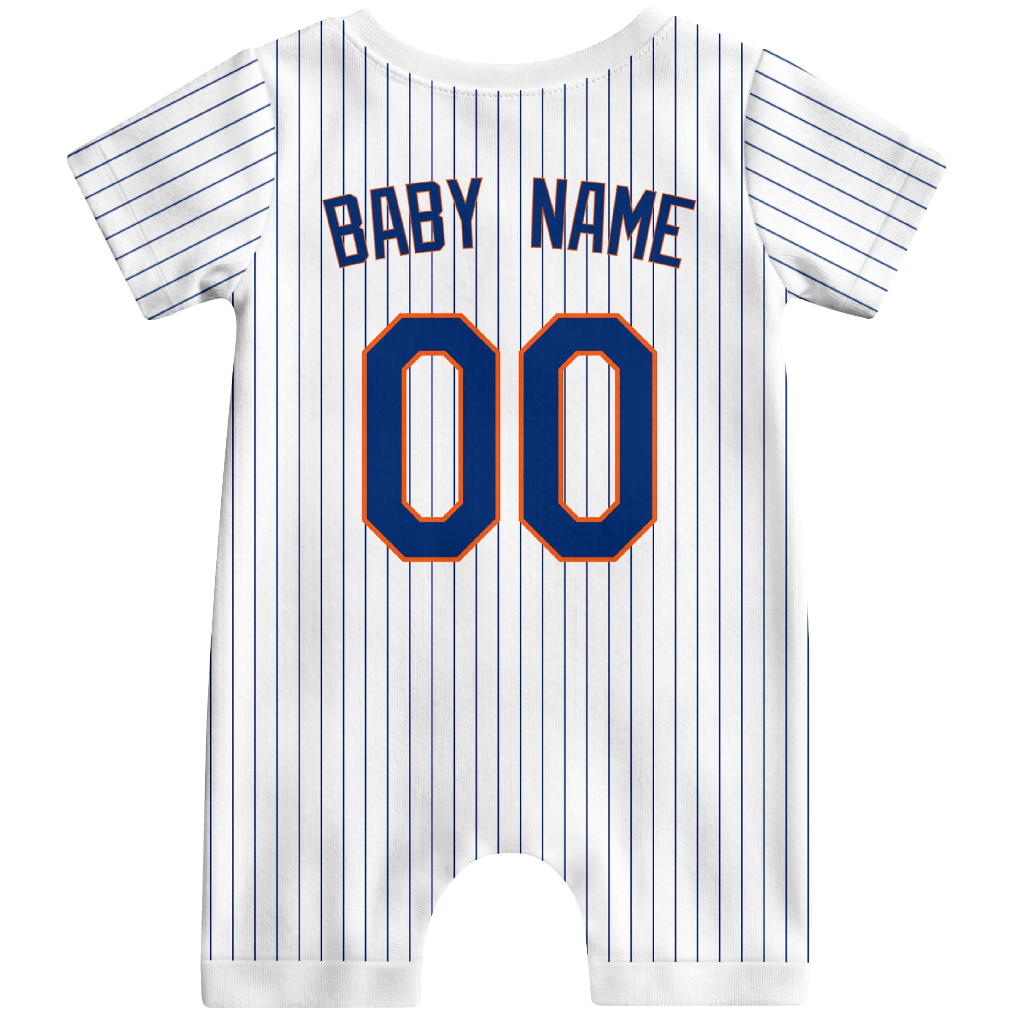 Back view of orange custom baby romper with personalized name and number
